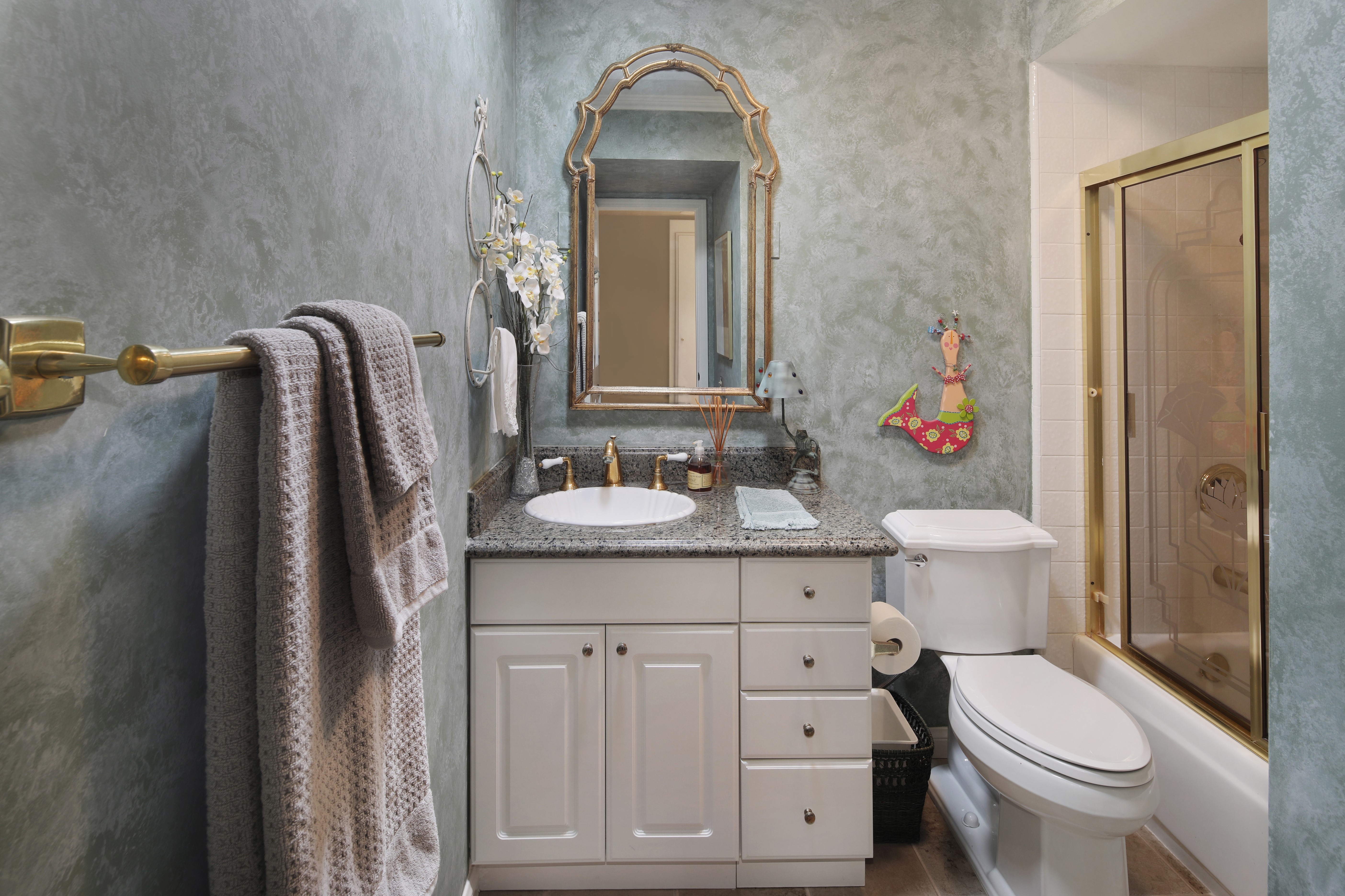 Bathroom with vanity, toilet, and shower HD Wallpaper