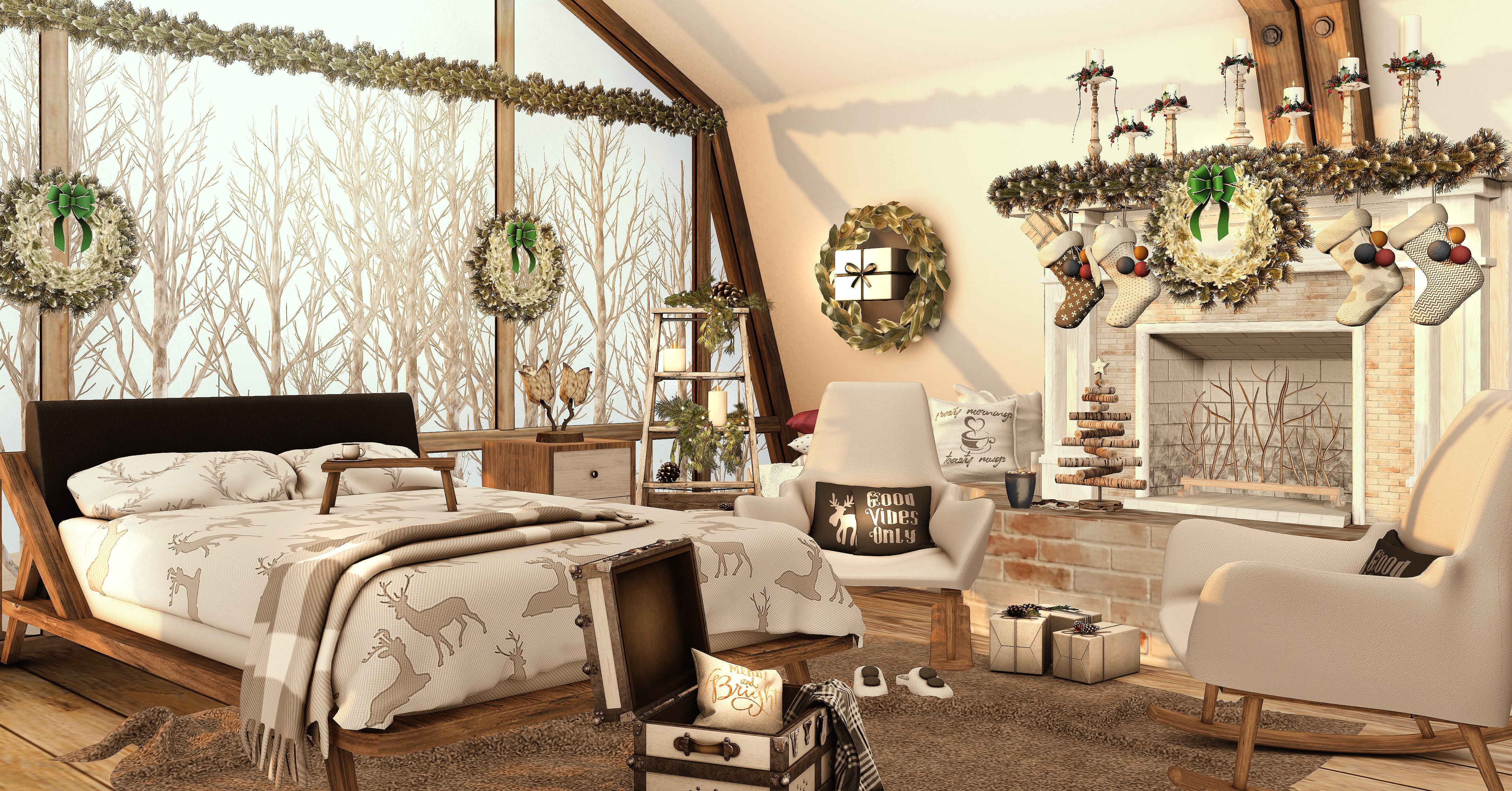 Cozy Christmas Bedroom Interior Design HD Wallpaper