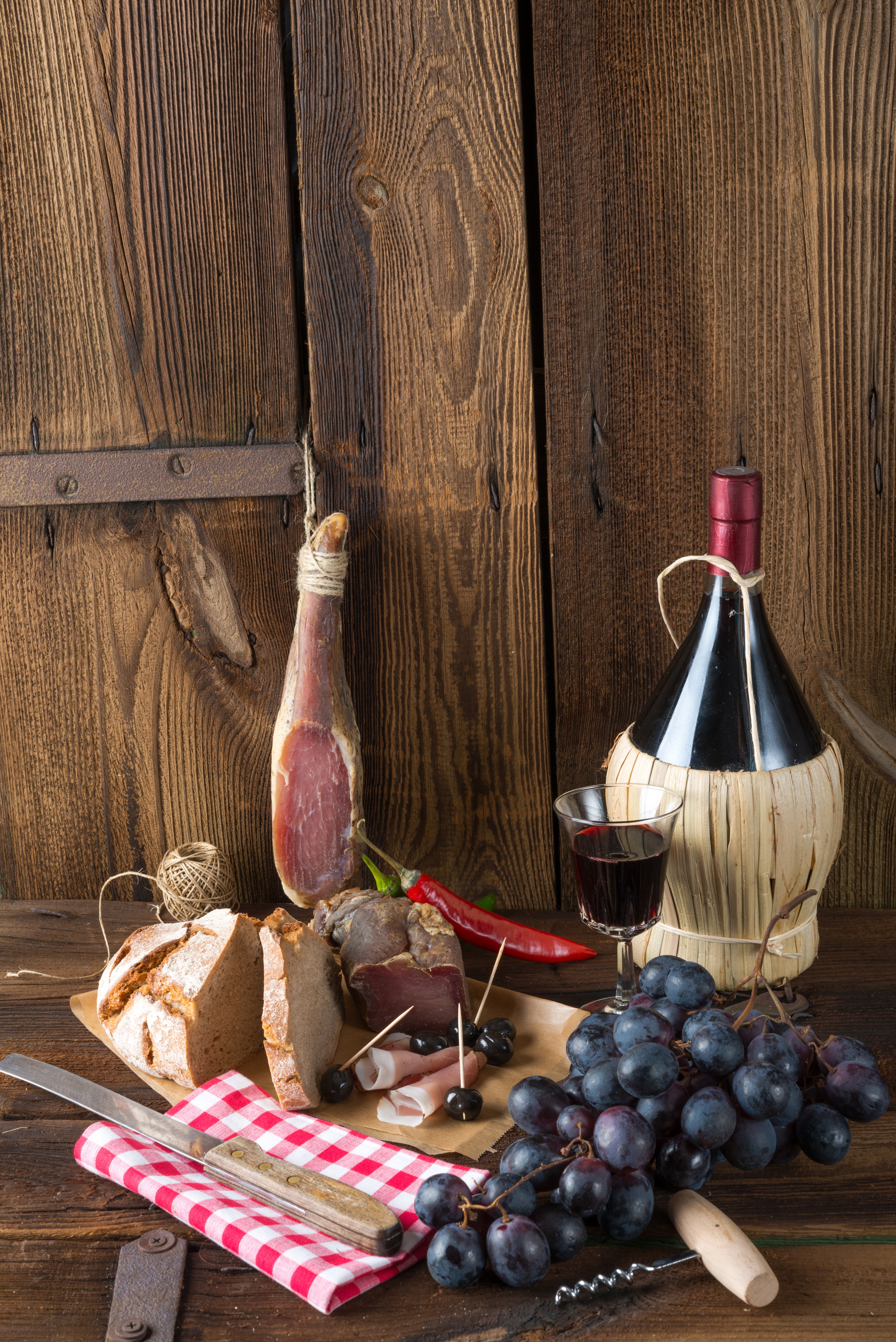 Still-life with Ham, Grapes, Bread, and Wine HD Phone Wallpaper