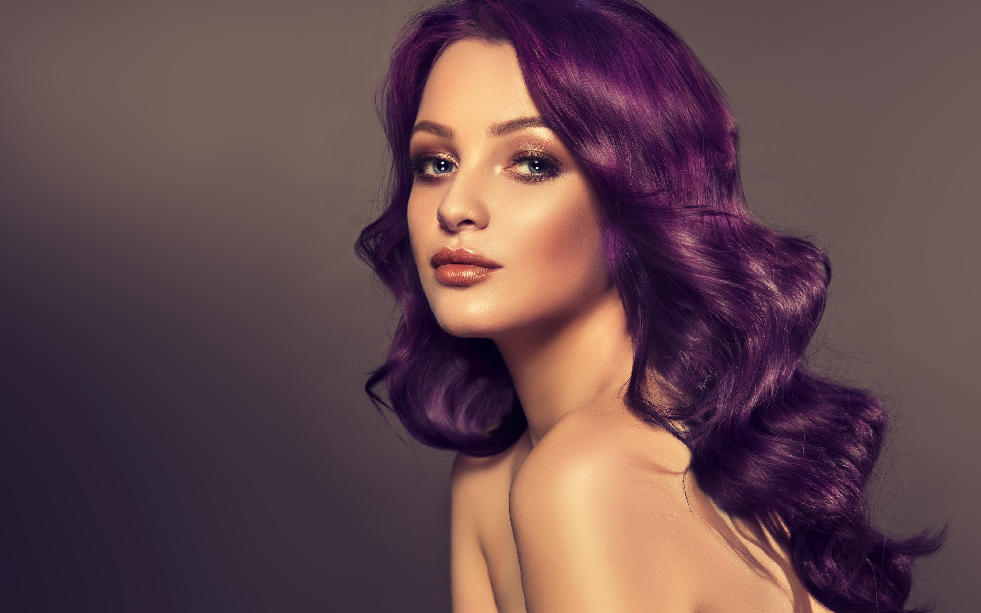 Woman with purple wavy hair and makeup HD Wallpaper
