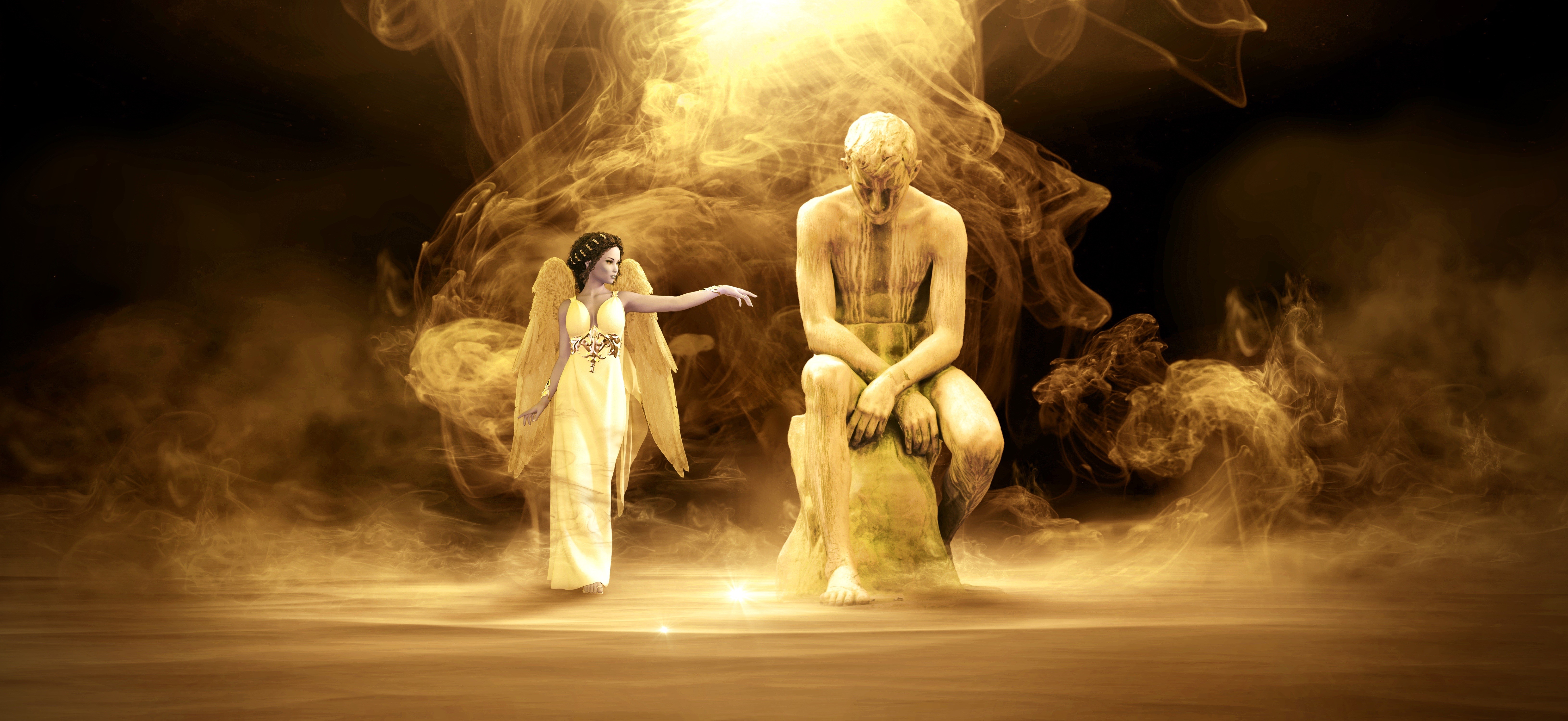 Angel reaching towards a seated stone man amidst smoke HD Wallpaper