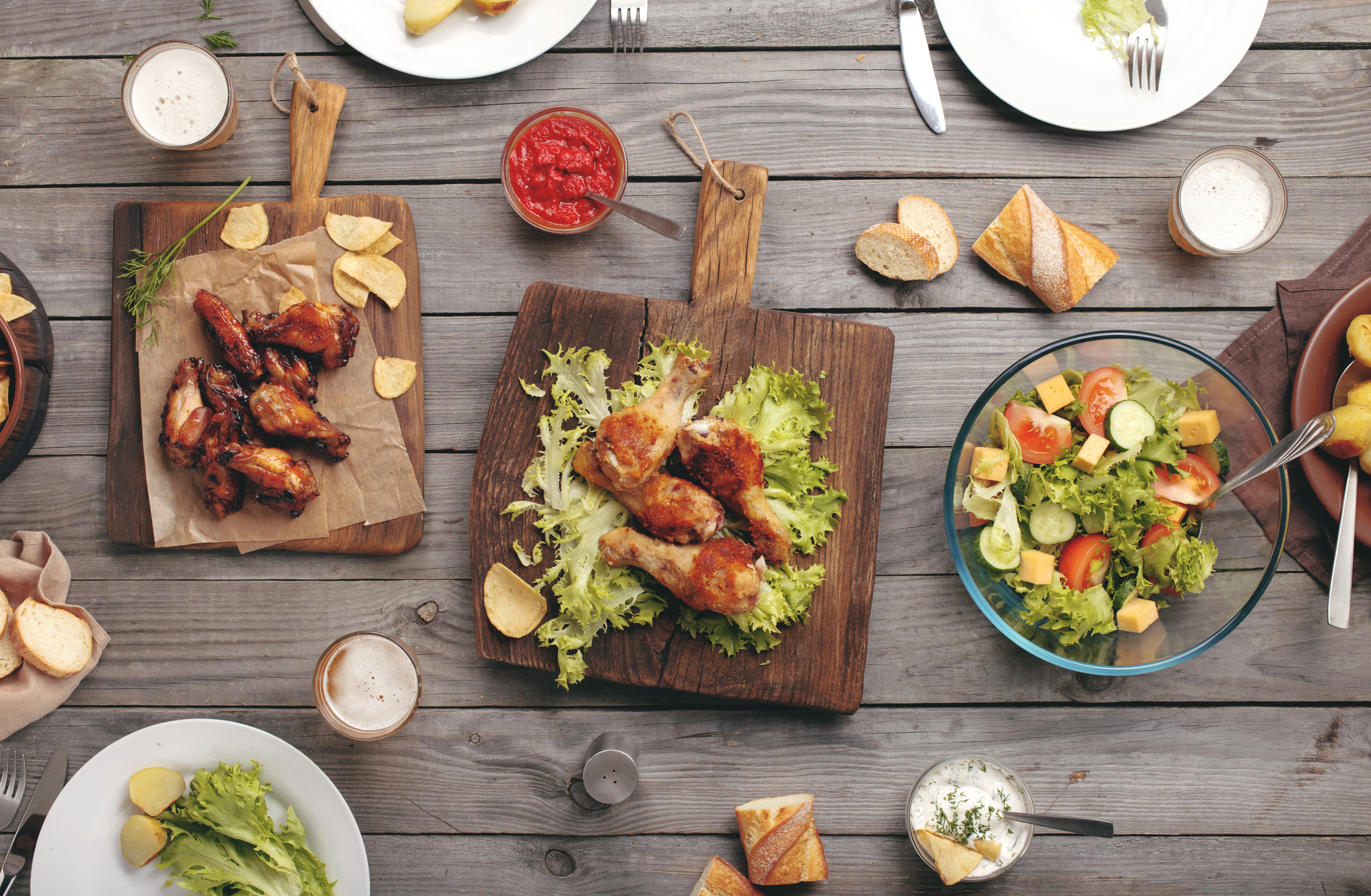 Roast Chicken, Salad, and Beer on Wooden Table HD Wallpaper