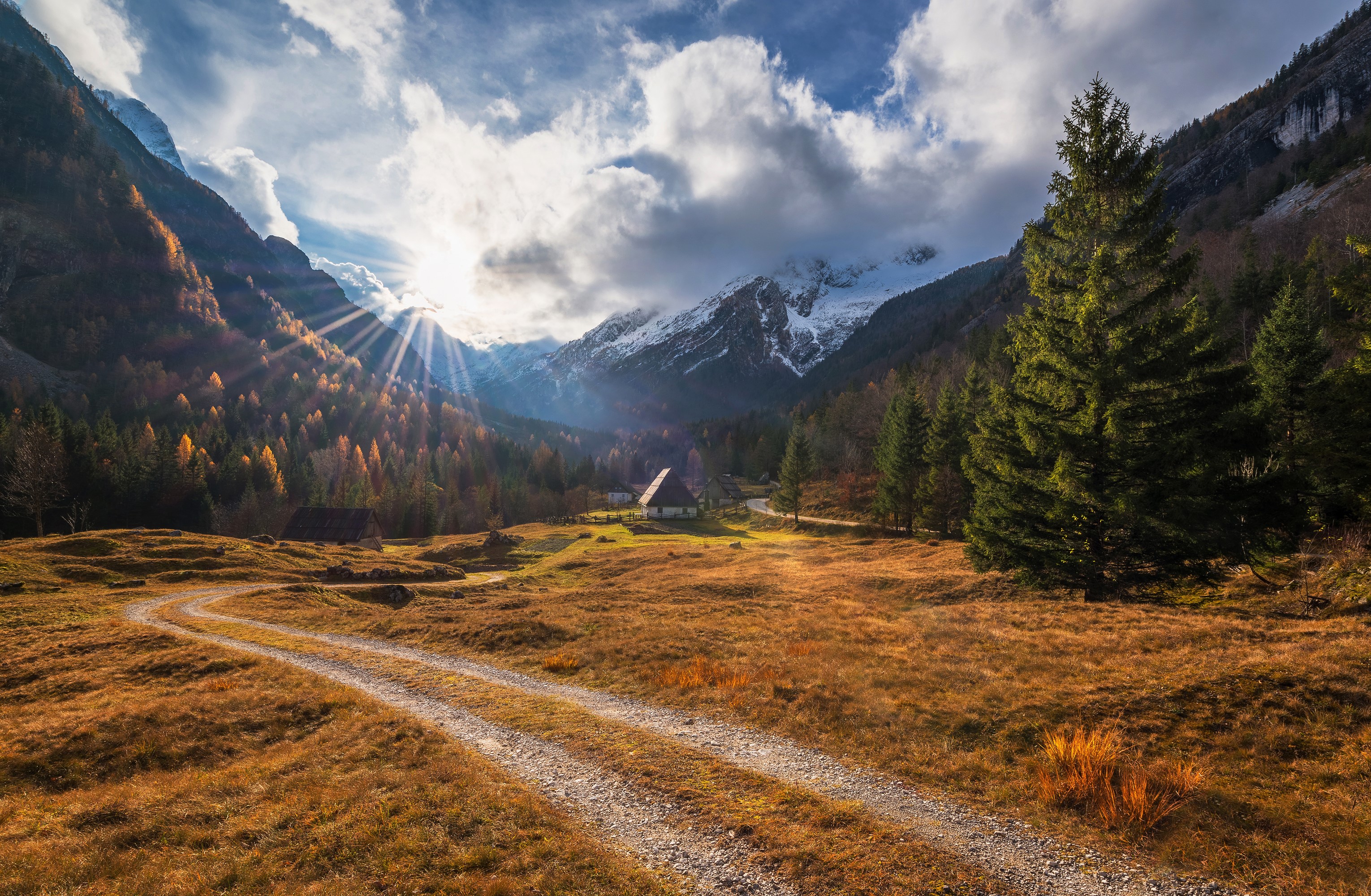 Valley with mountains, forest, and house in Zadnja Trenta, Slovenia HD Wallpaper