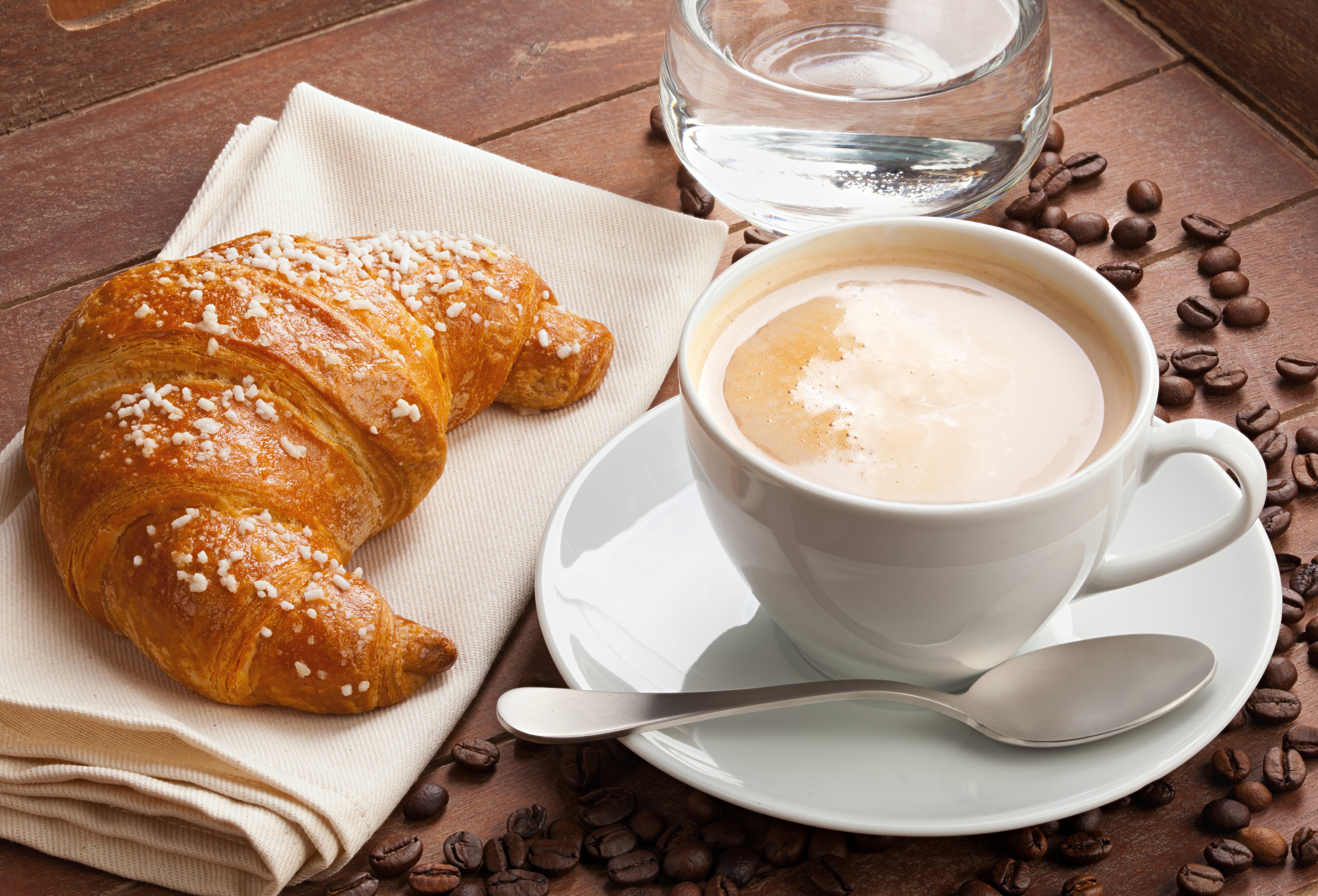 Cappuccino and Croissant with Coffee Beans HD Wallpaper