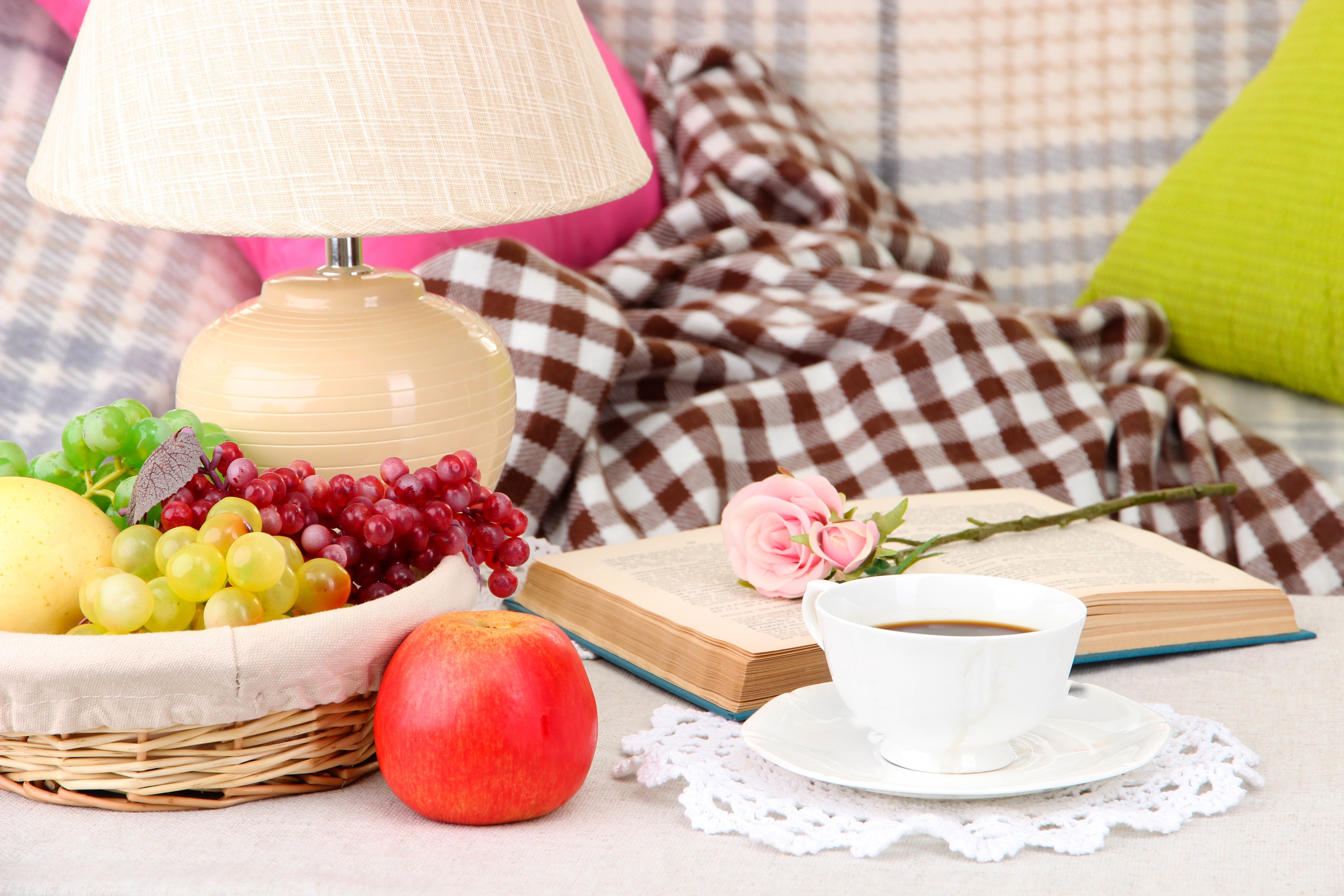 Still-life with fruit, book, coffee, and lamp HD Wallpaper