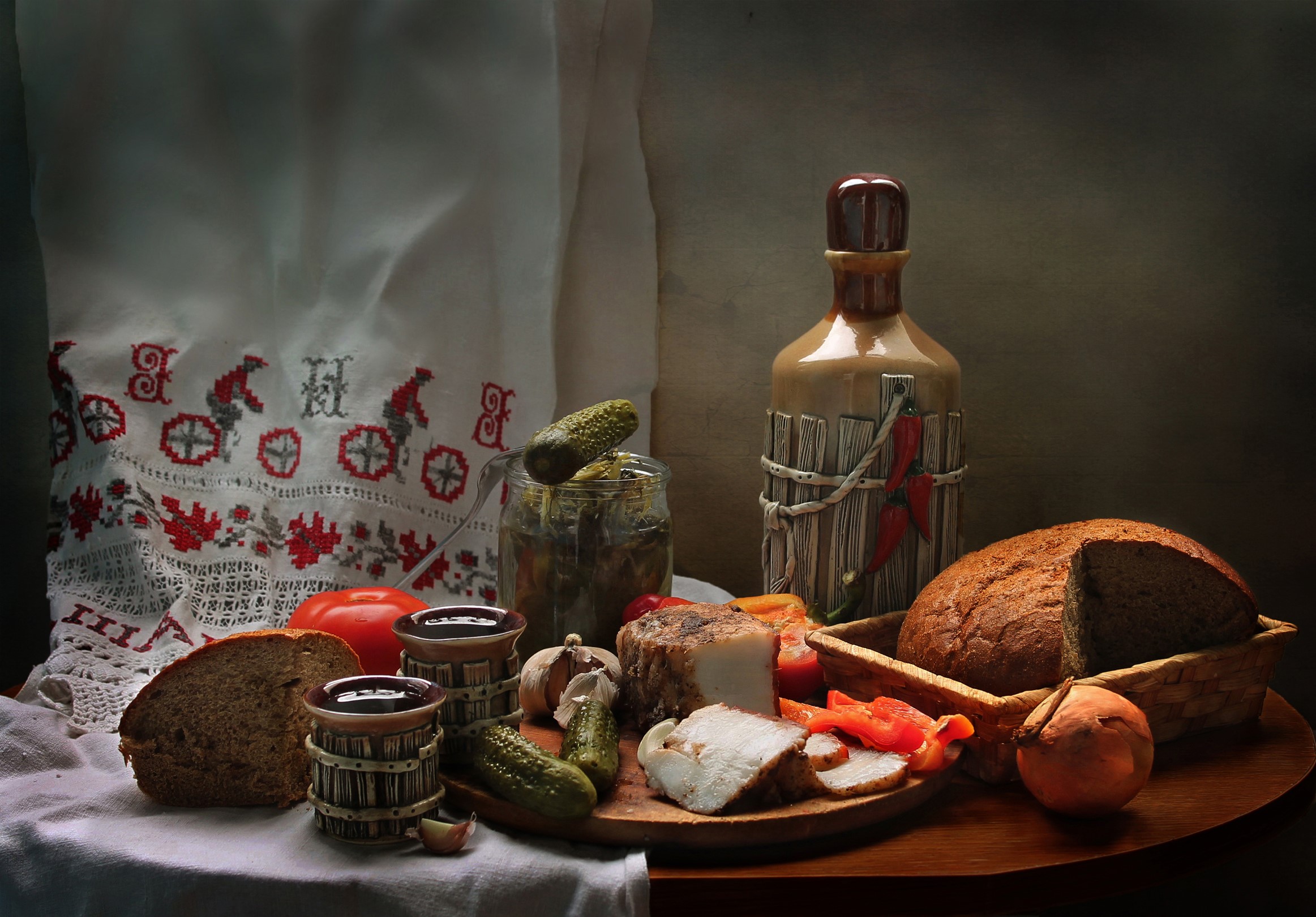 Still life with bread, pickles, salo, and bottle HD Wallpaper