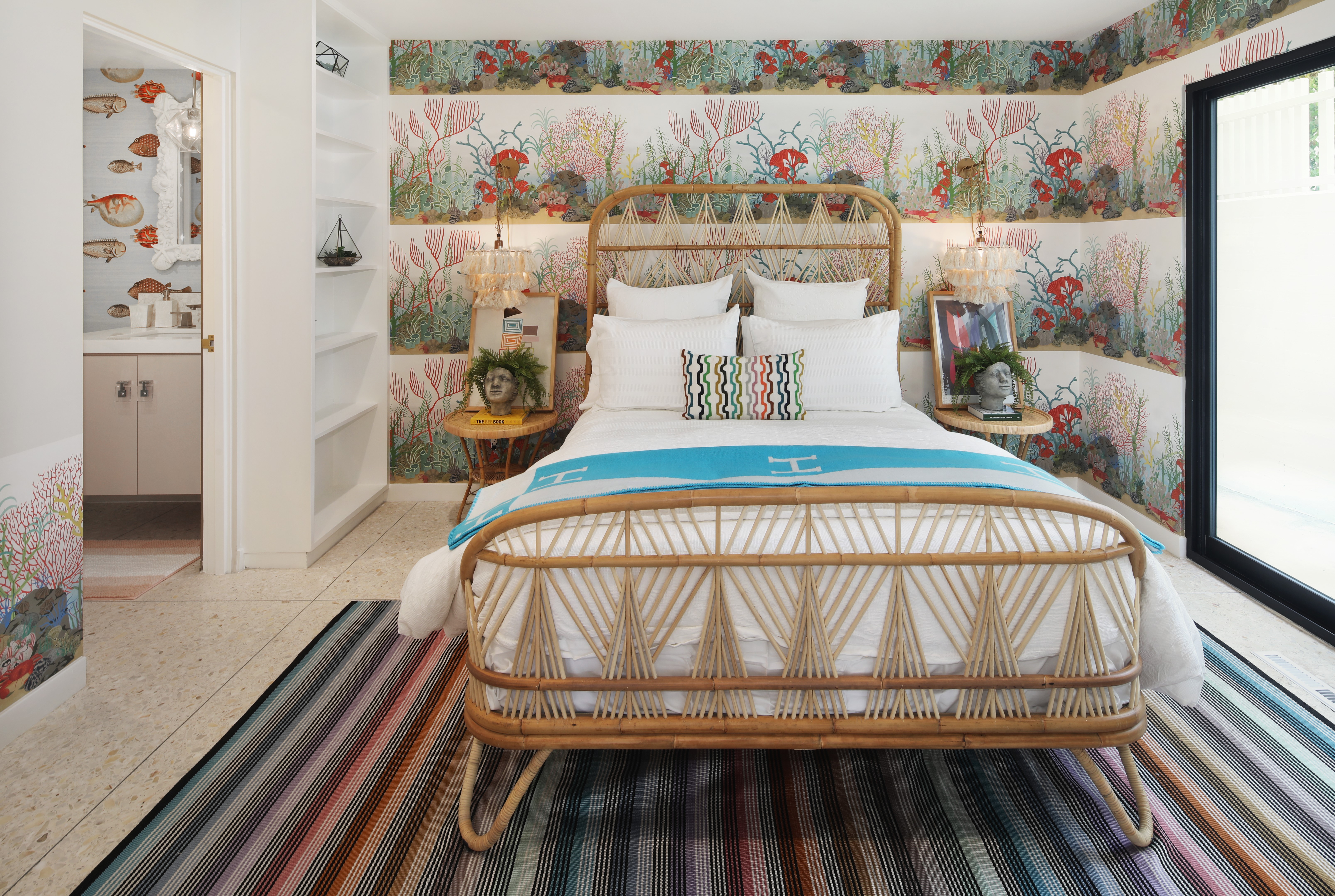 Bedroom with Rattan Bed and Coral Wallpaper HD Wallpaper