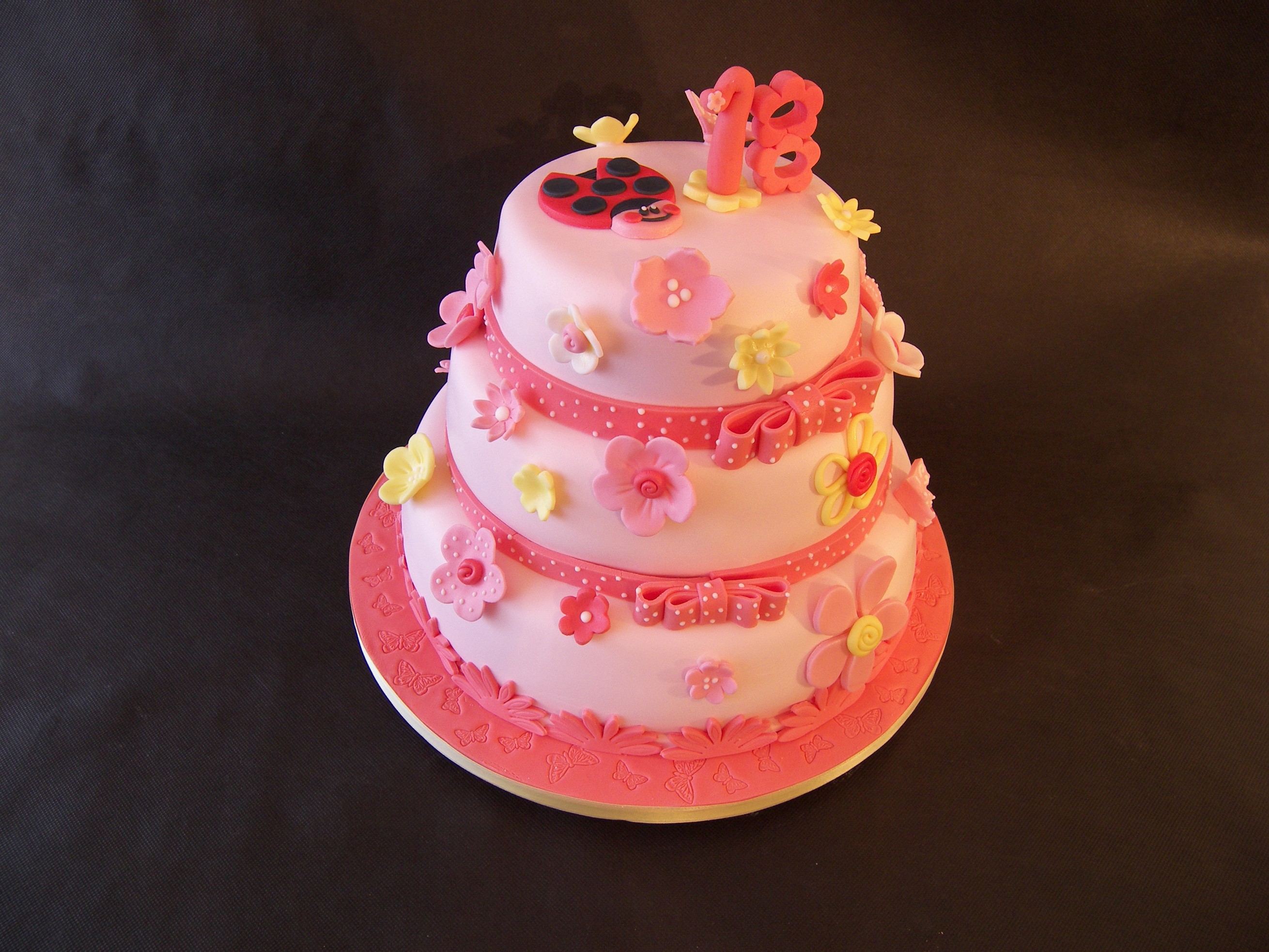 Pink three-tier birthday cake with ladybug and '18' topper HD Wallpaper