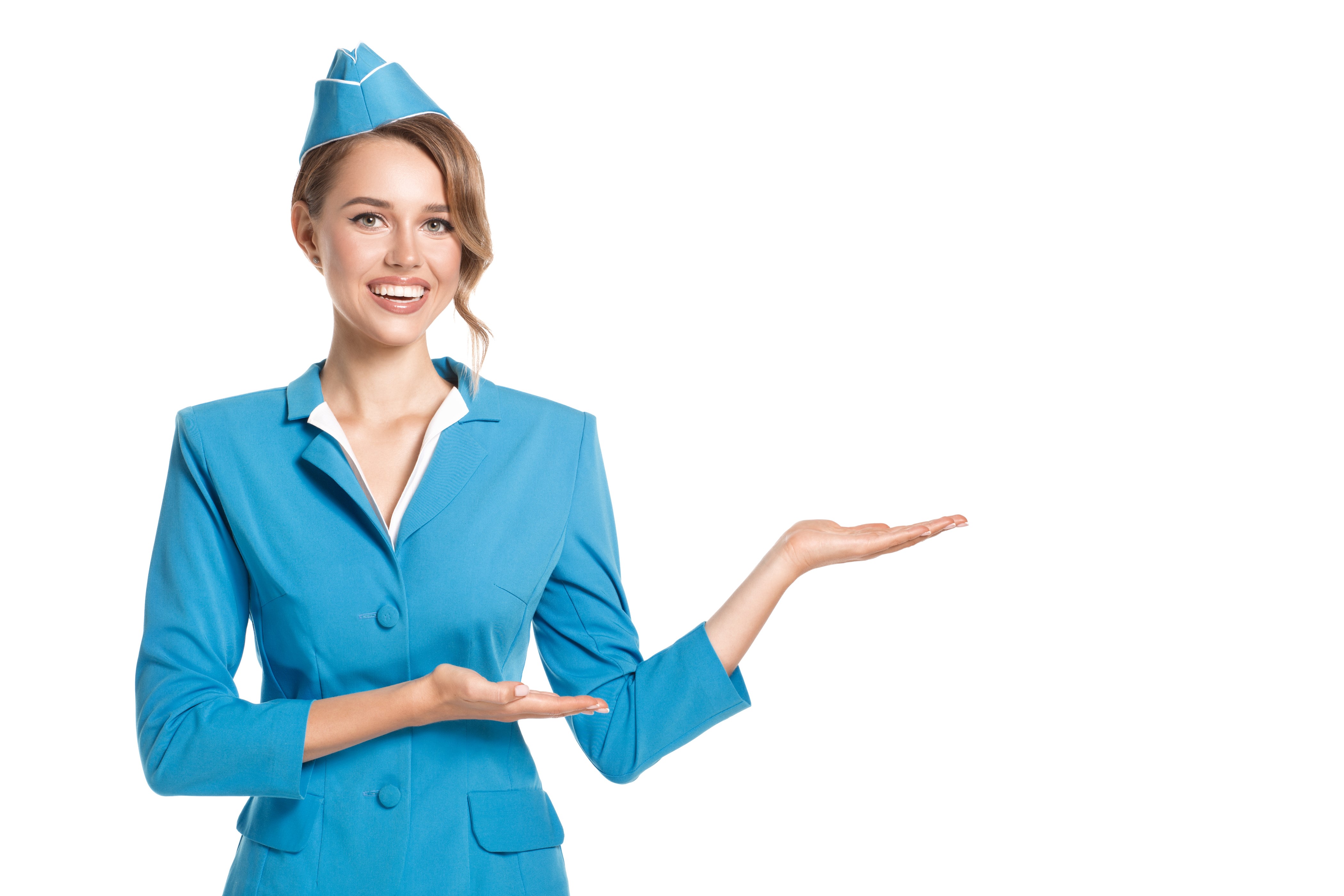 Stewardess in blue uniform presenting with hands HD Wallpaper