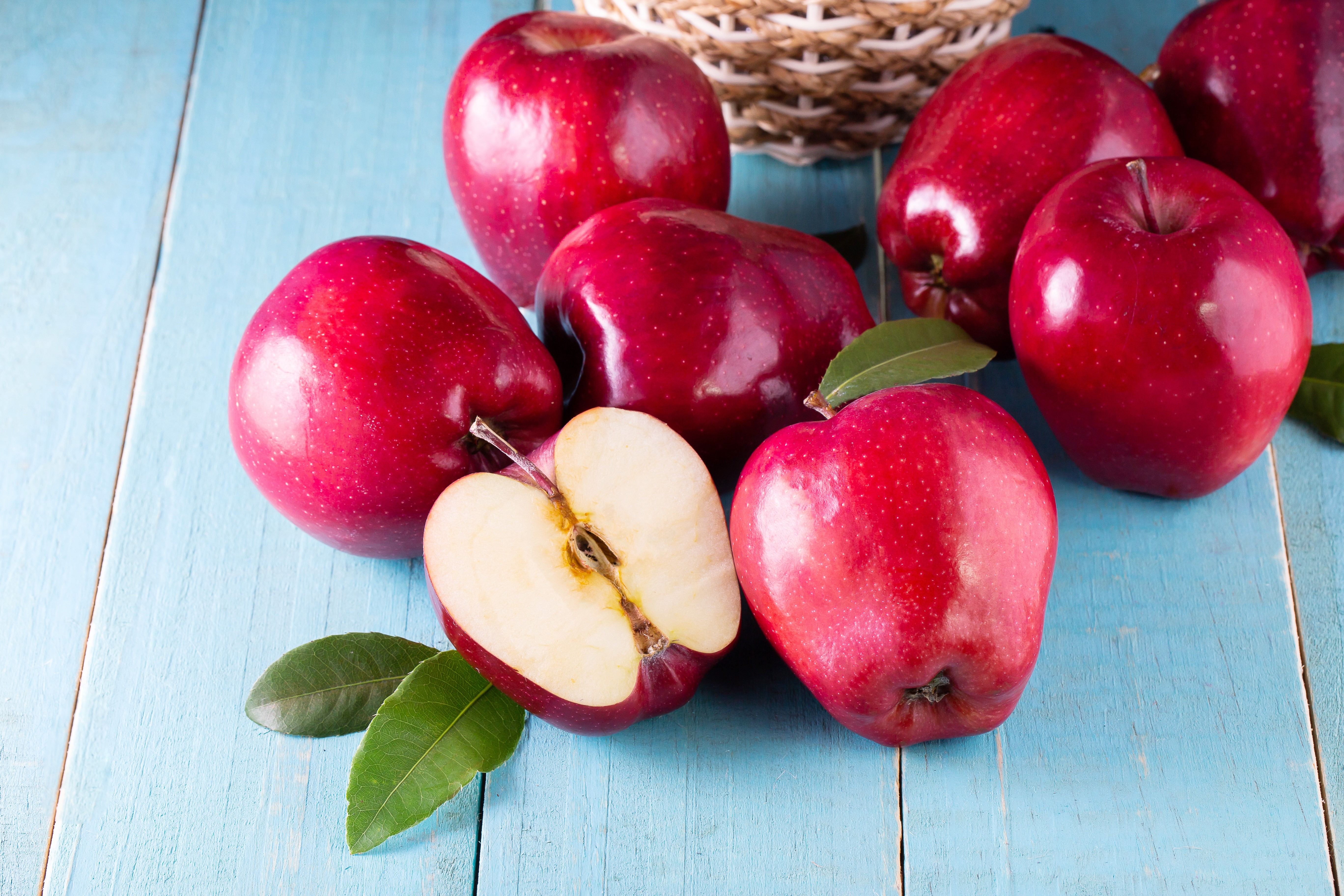 Red Apples on Blue Wooden Table HD Wallpaper