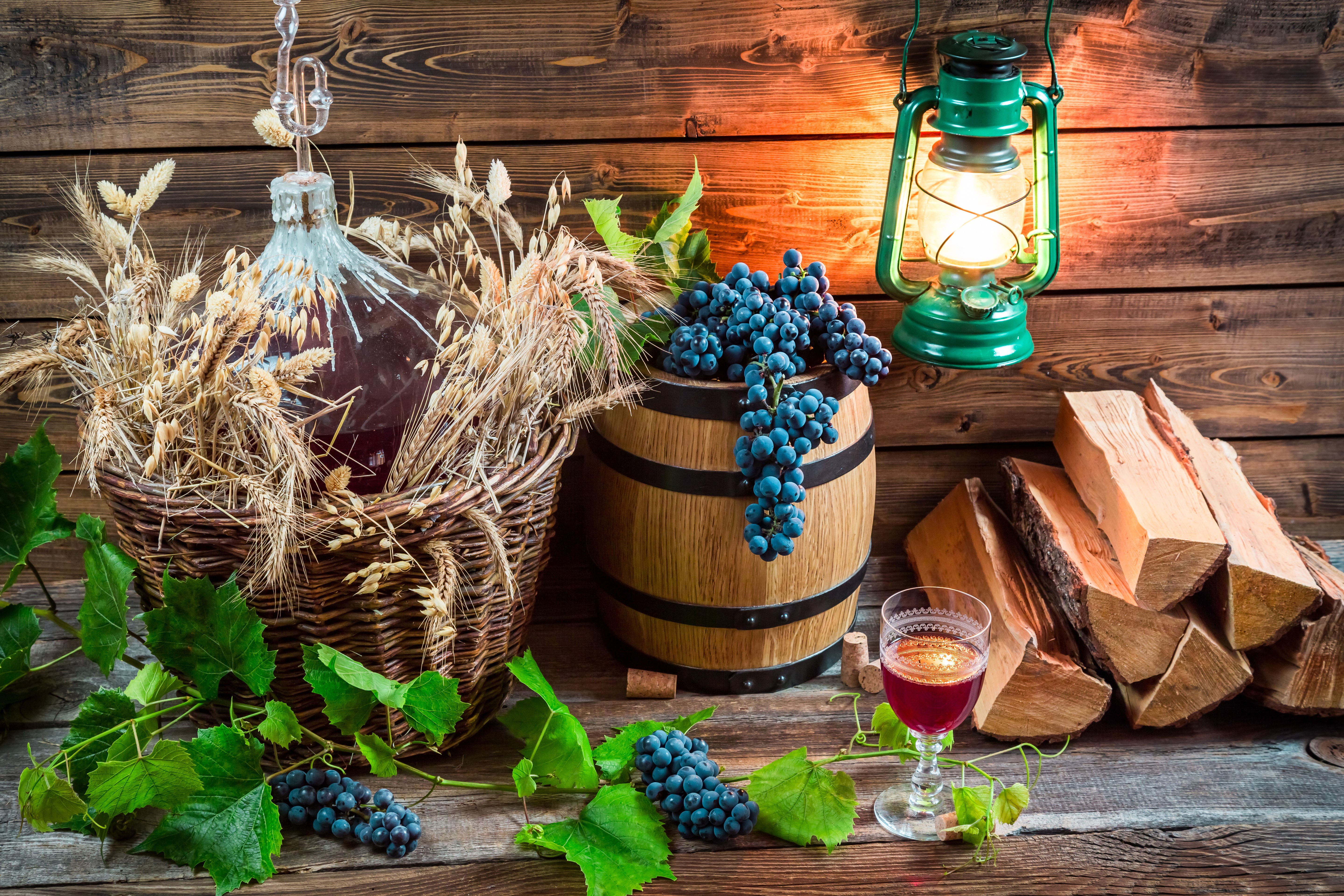 Wine making setup with grapes, barrel, and lantern HD Wallpaper