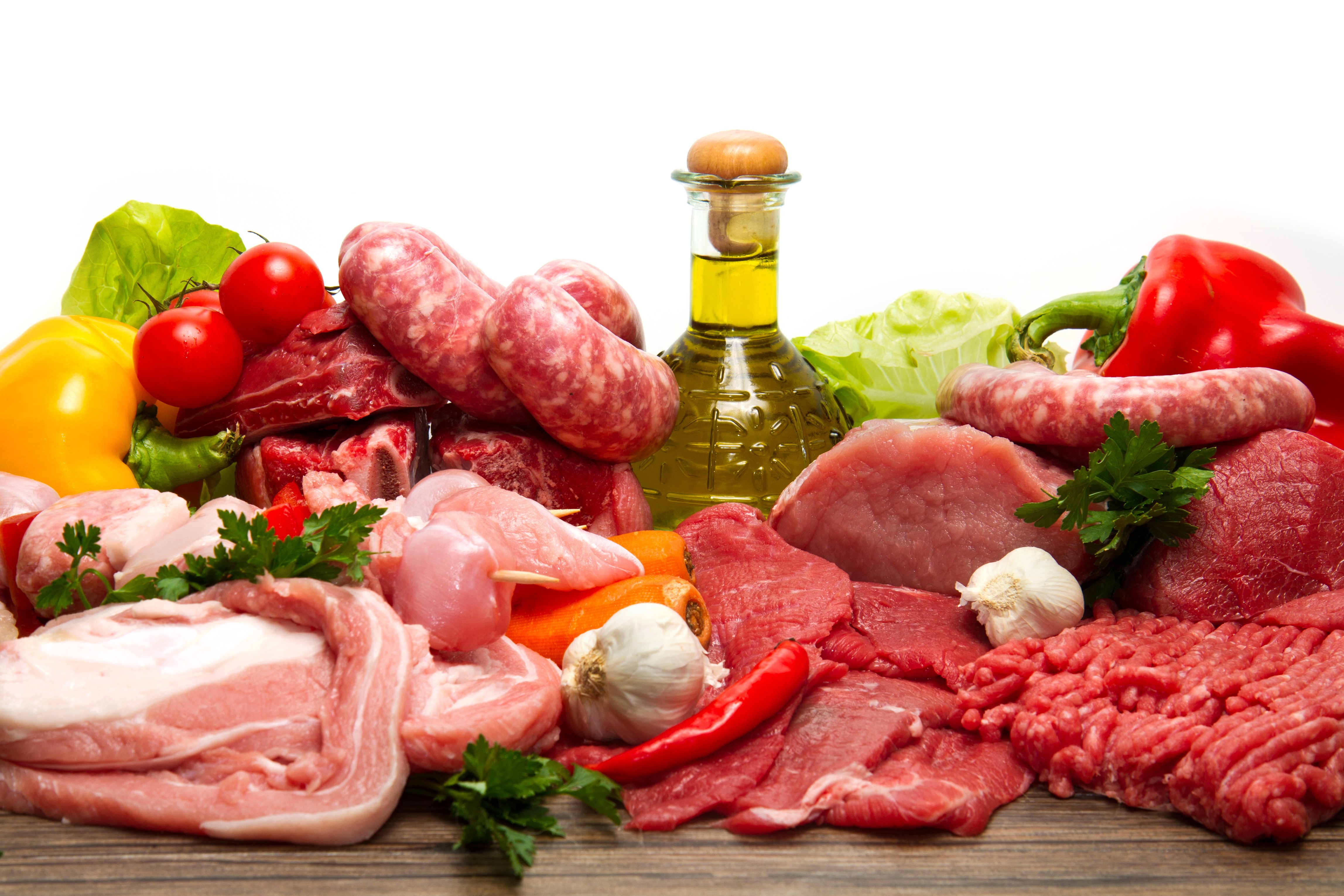 Assortment of Raw Meats, Sausages, Vegetables, and Oil HD Wallpaper