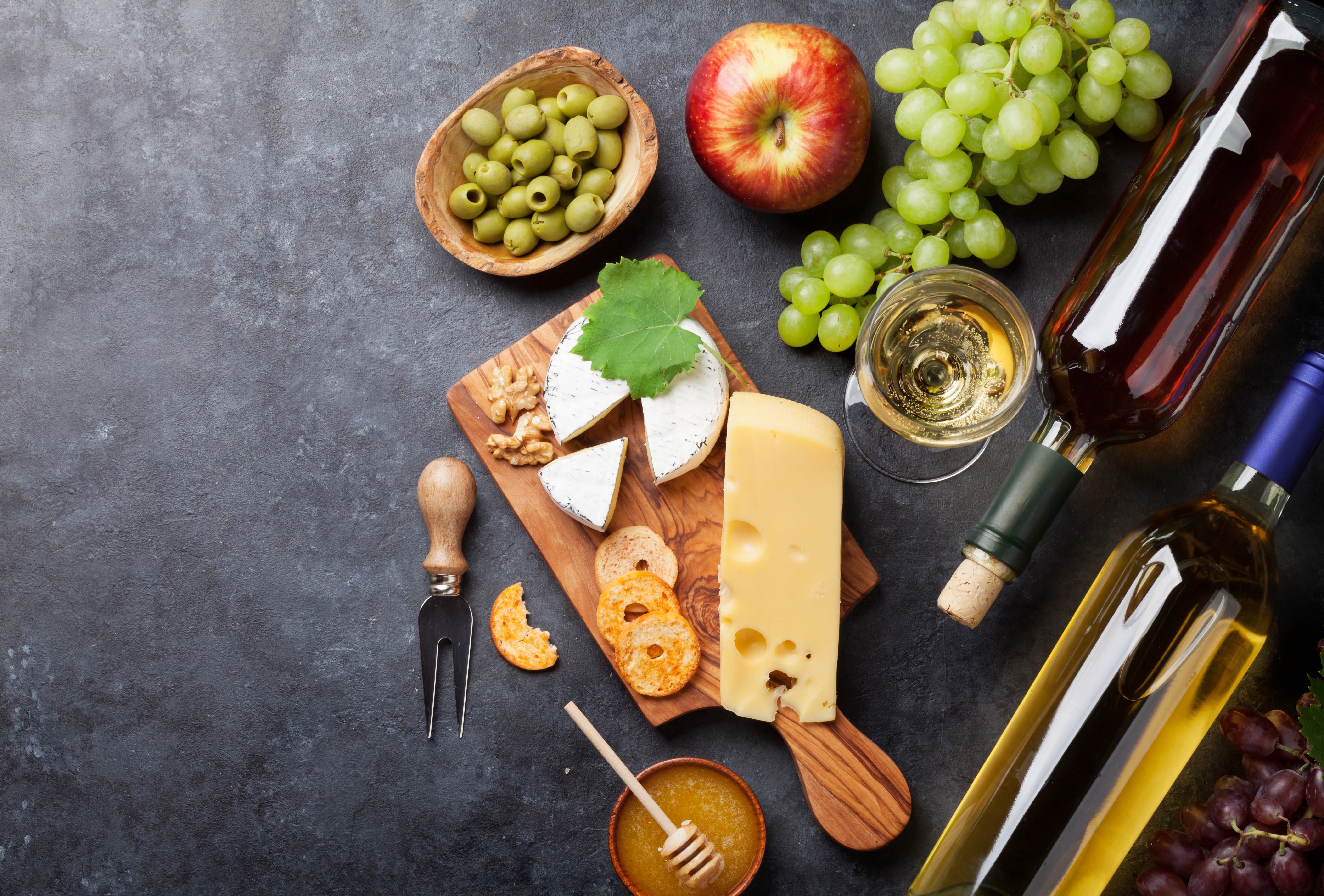 Wine, Cheese, Grapes, Apple, Olives, and Stemware HD Wallpaper