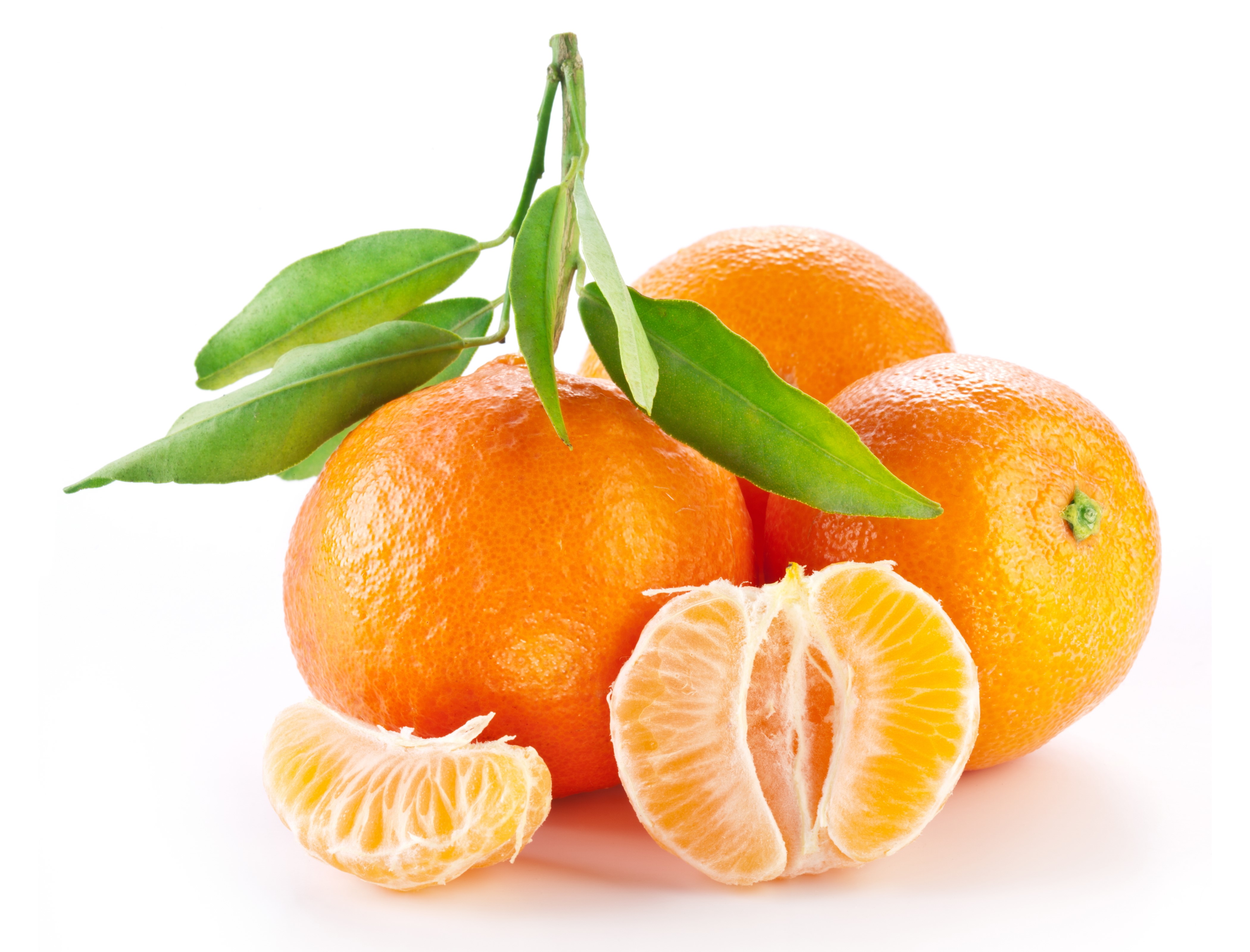 Mandarine with leaves on white background HD Wallpaper