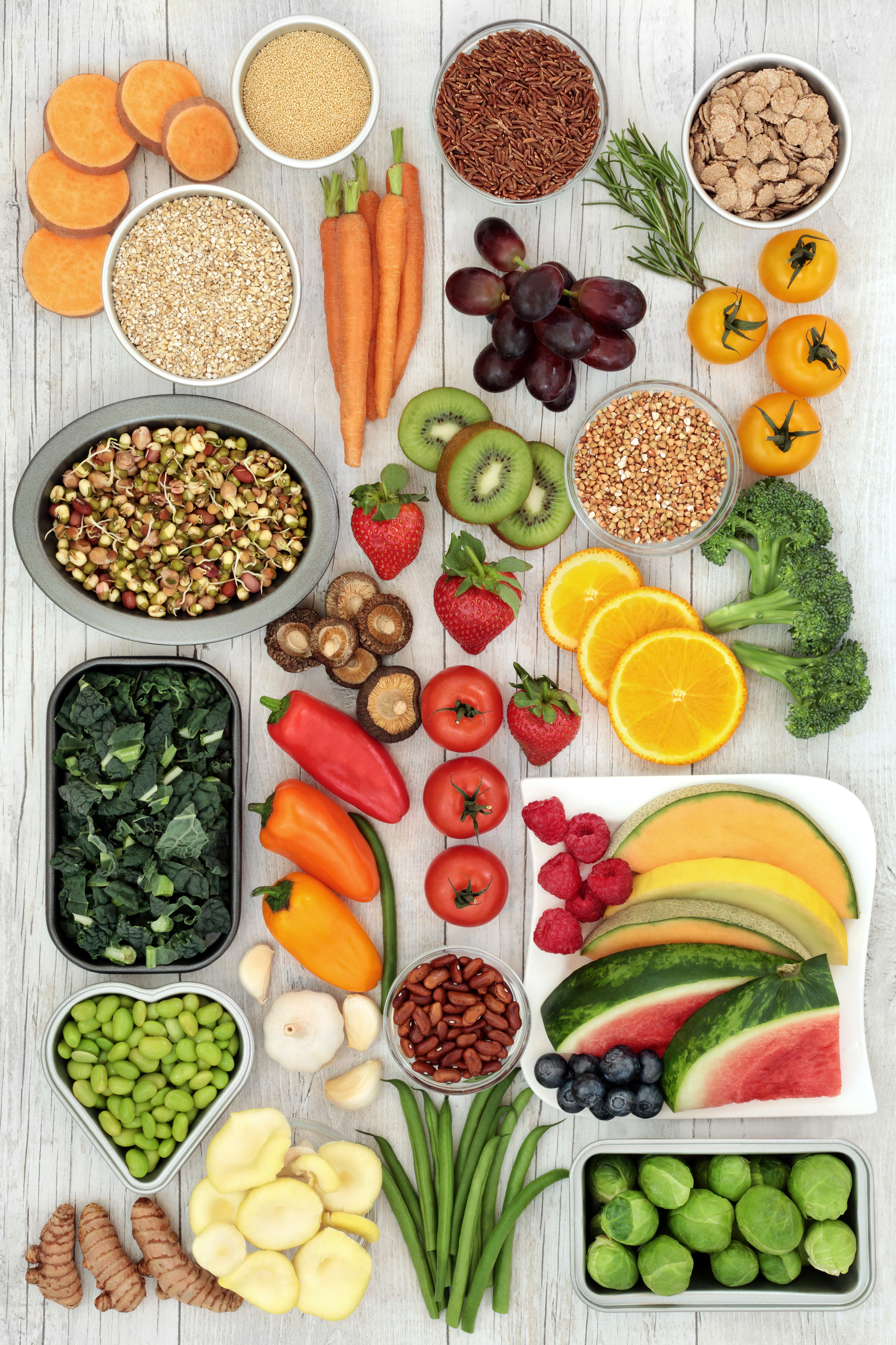 Assortment of fresh fruits, vegetables, grains, and legumes HD Phone Wallpaper