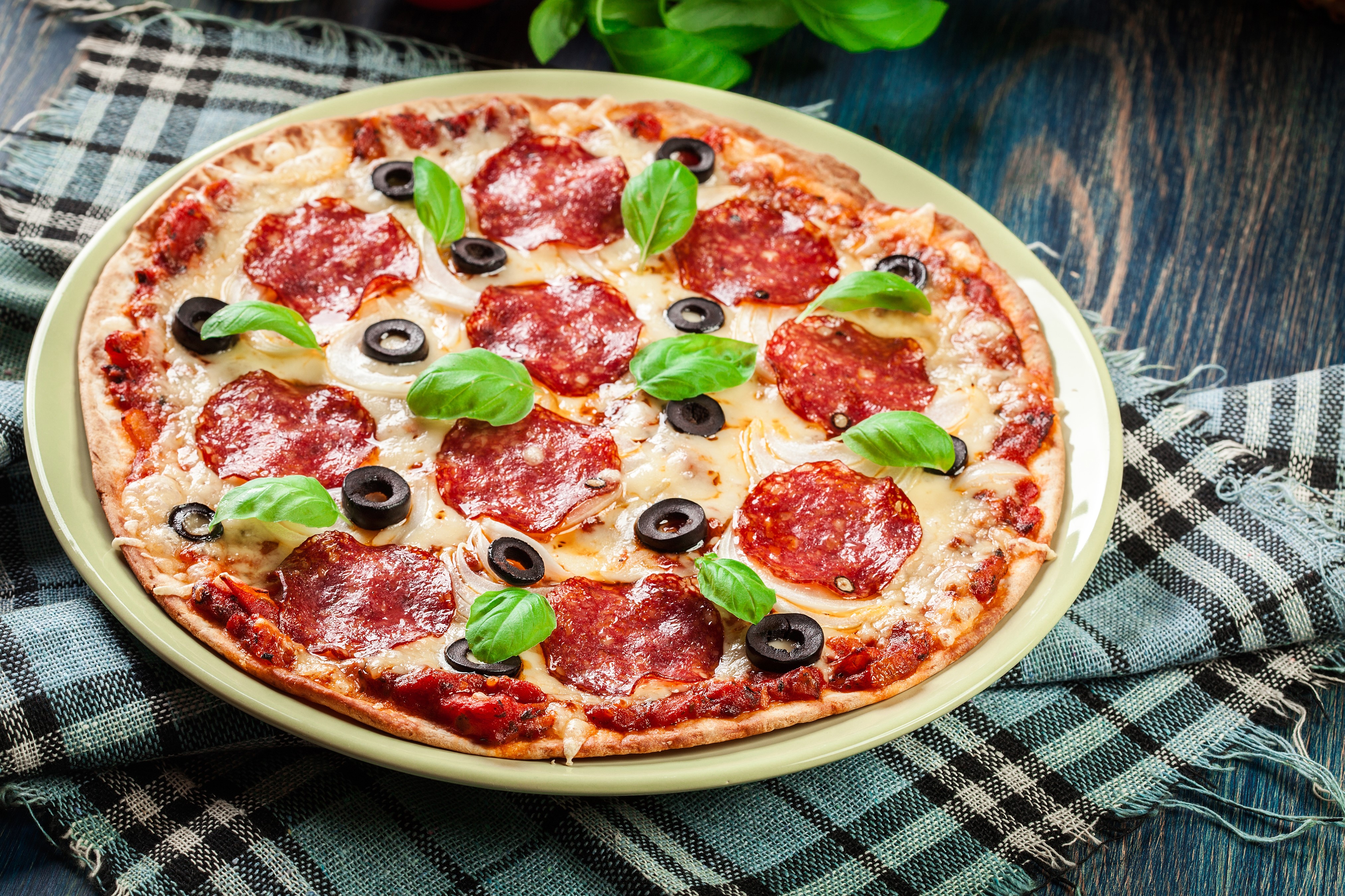 Pizza with Salami, Olives, and Basil HD Wallpaper