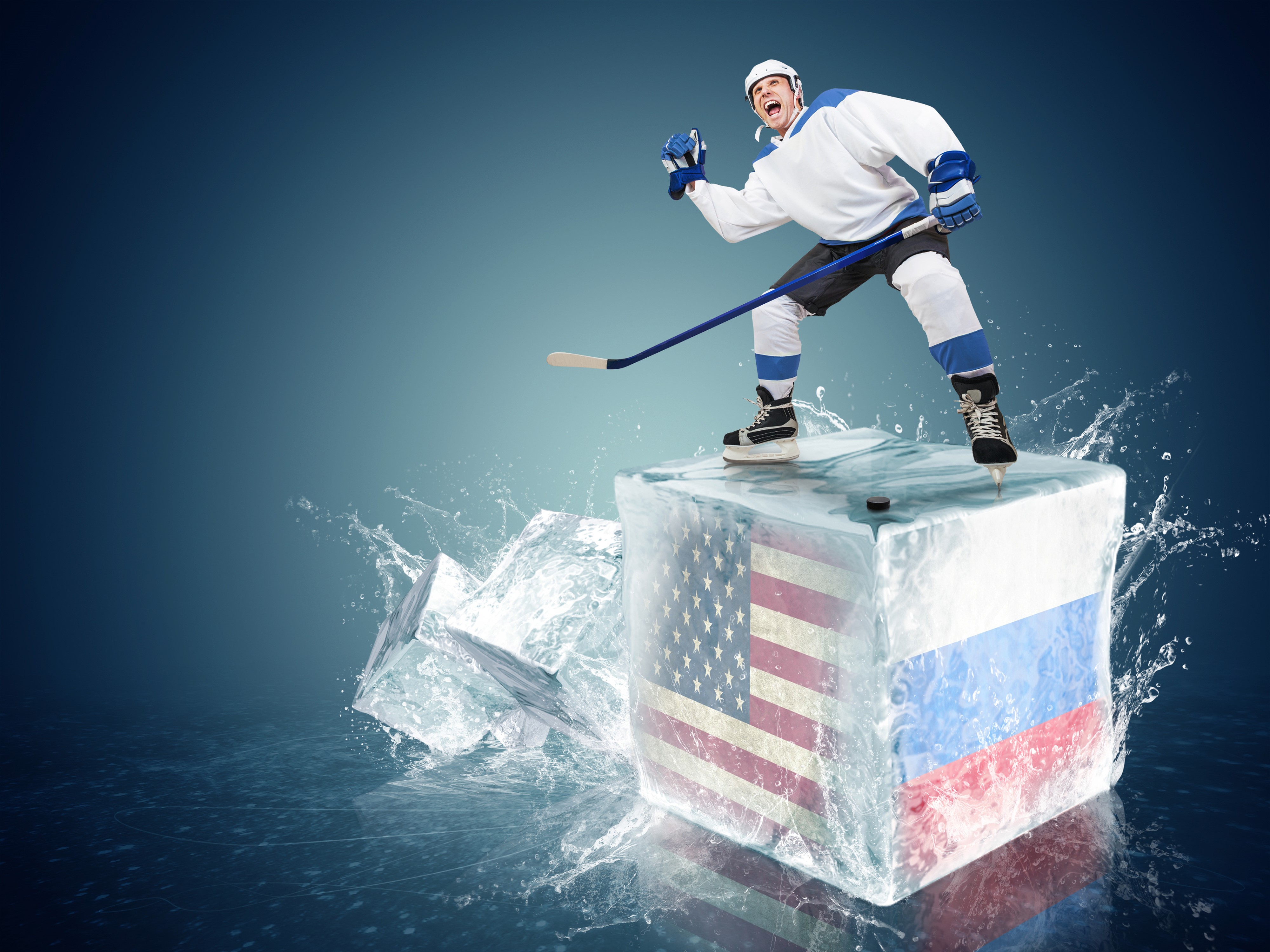 Hockey Player on Ice Cube with USA and Russia Flags HD Wallpaper