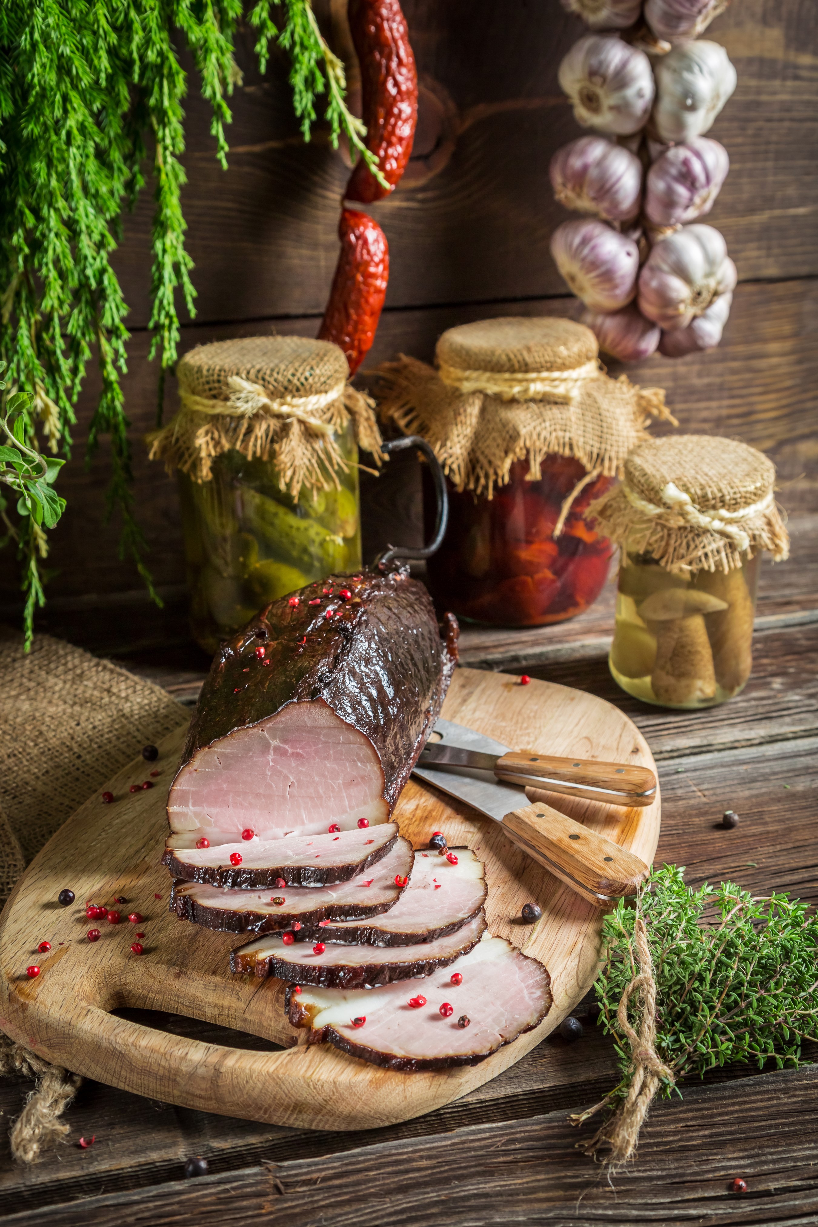 Smoked ham with pickled vegetables and mushrooms HD Phone Wallpaper