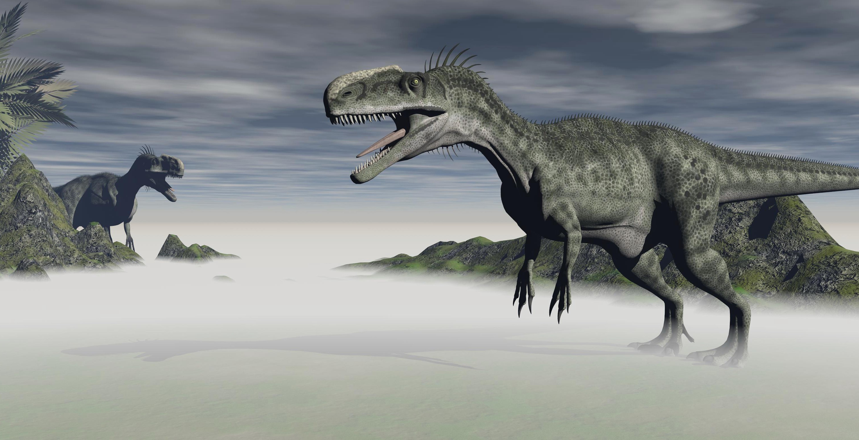 Two dinosaurs in a misty prehistoric landscape HD Wallpaper