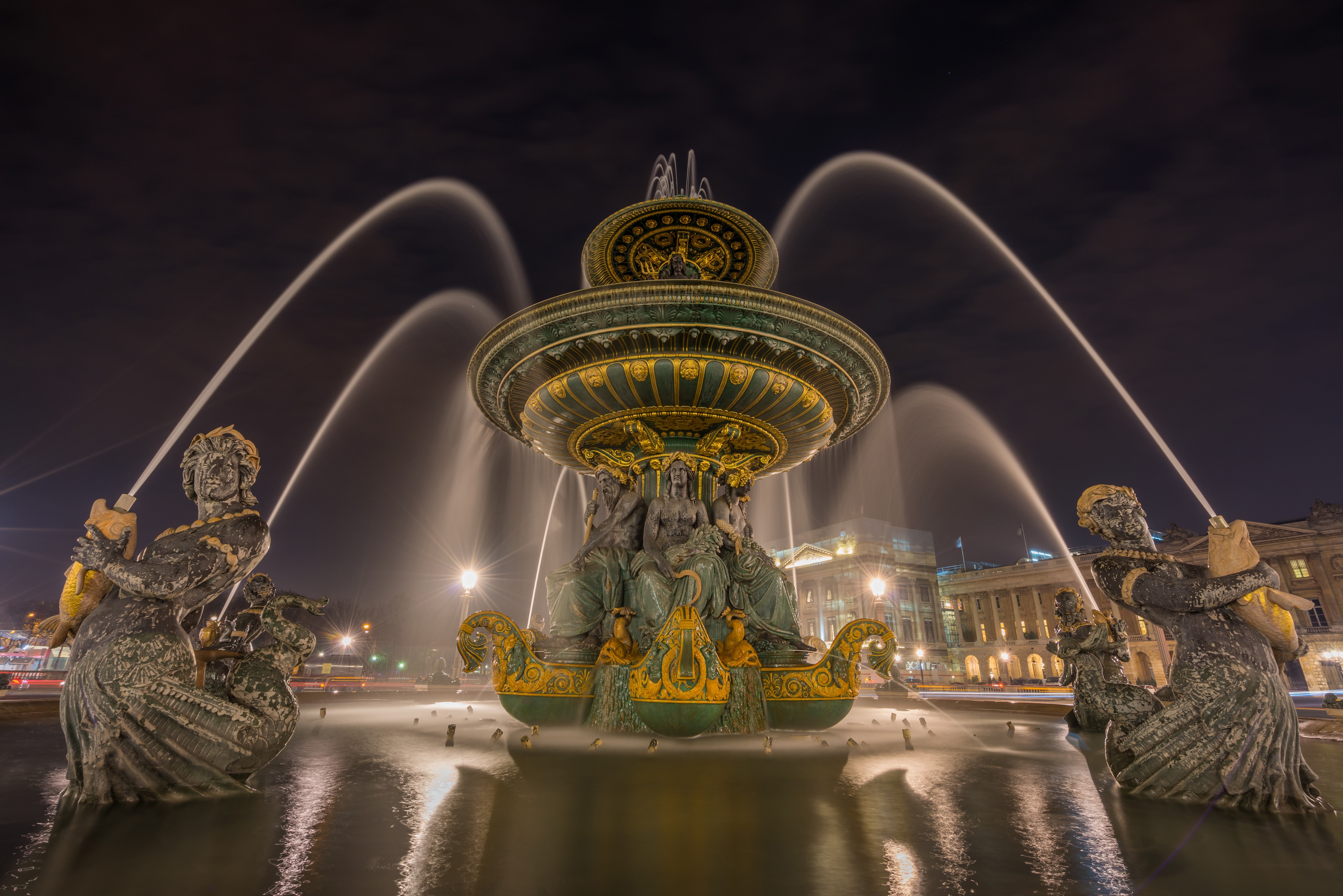 4K Night View of Fontaine des Mers in Paris HD Wallpaper