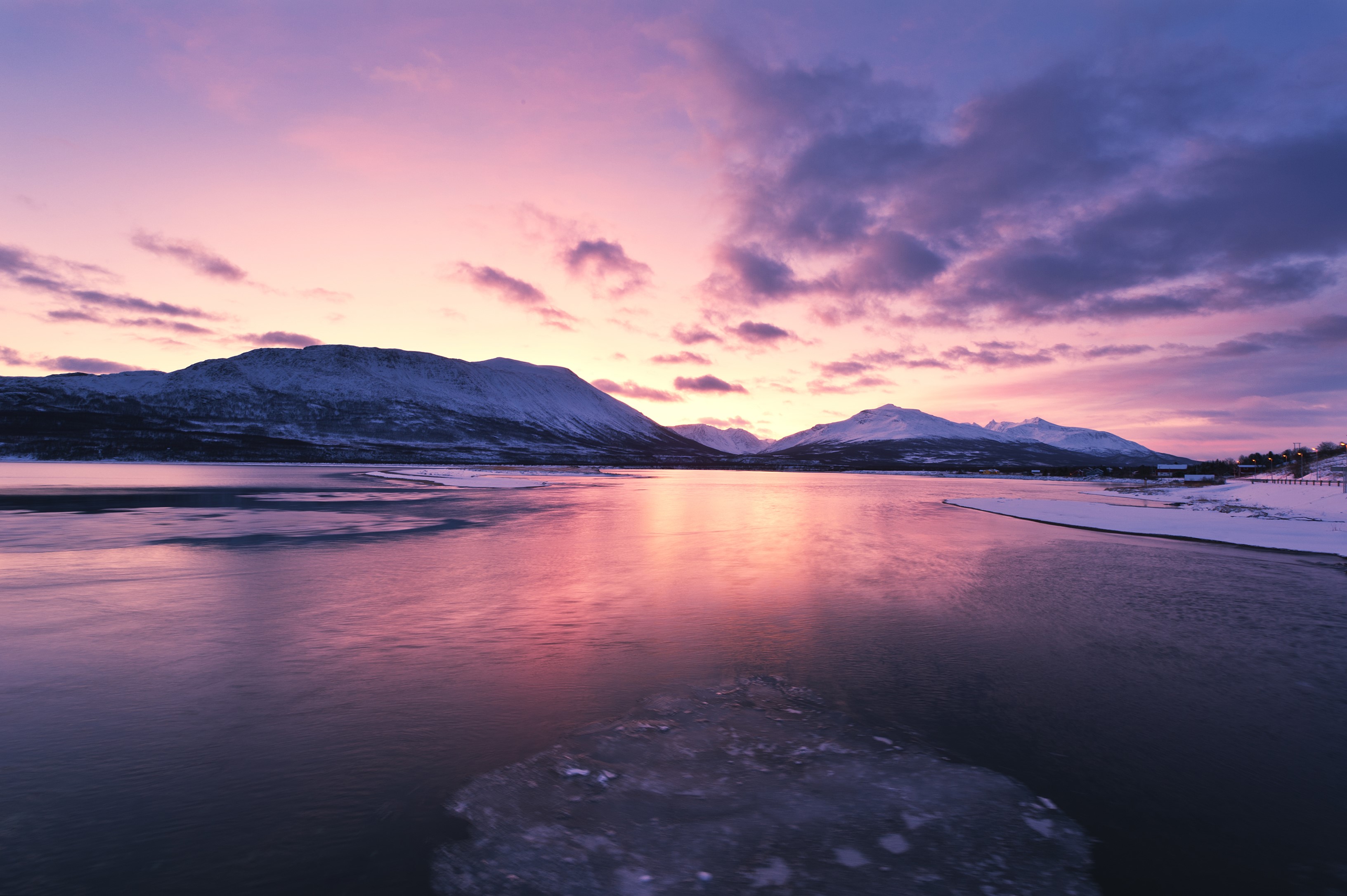 Winter sunset over mountains and bay in Lofoten, Norway HD Wallpaper