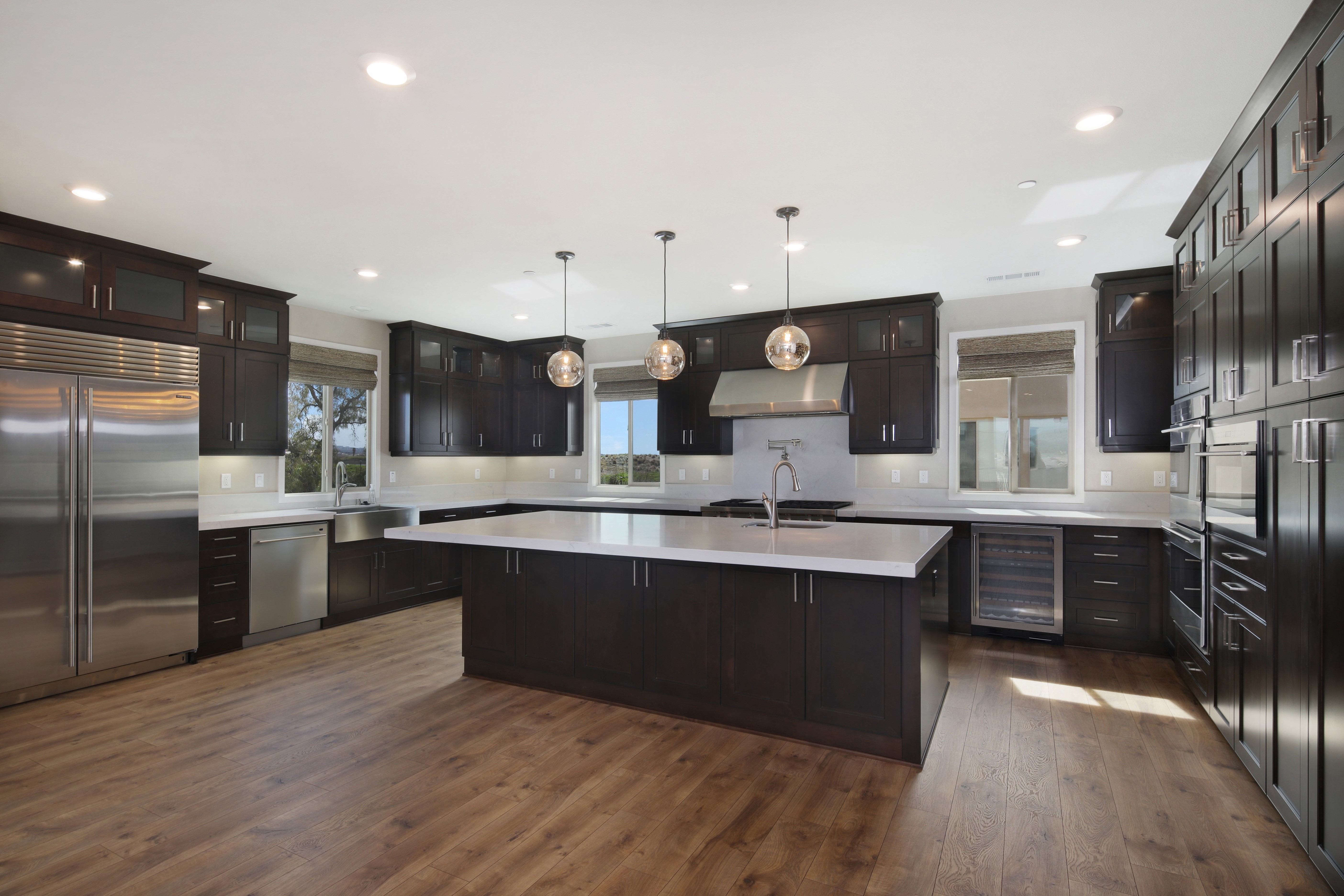 Modern Dark Wood Kitchen with Island HD Wallpaper