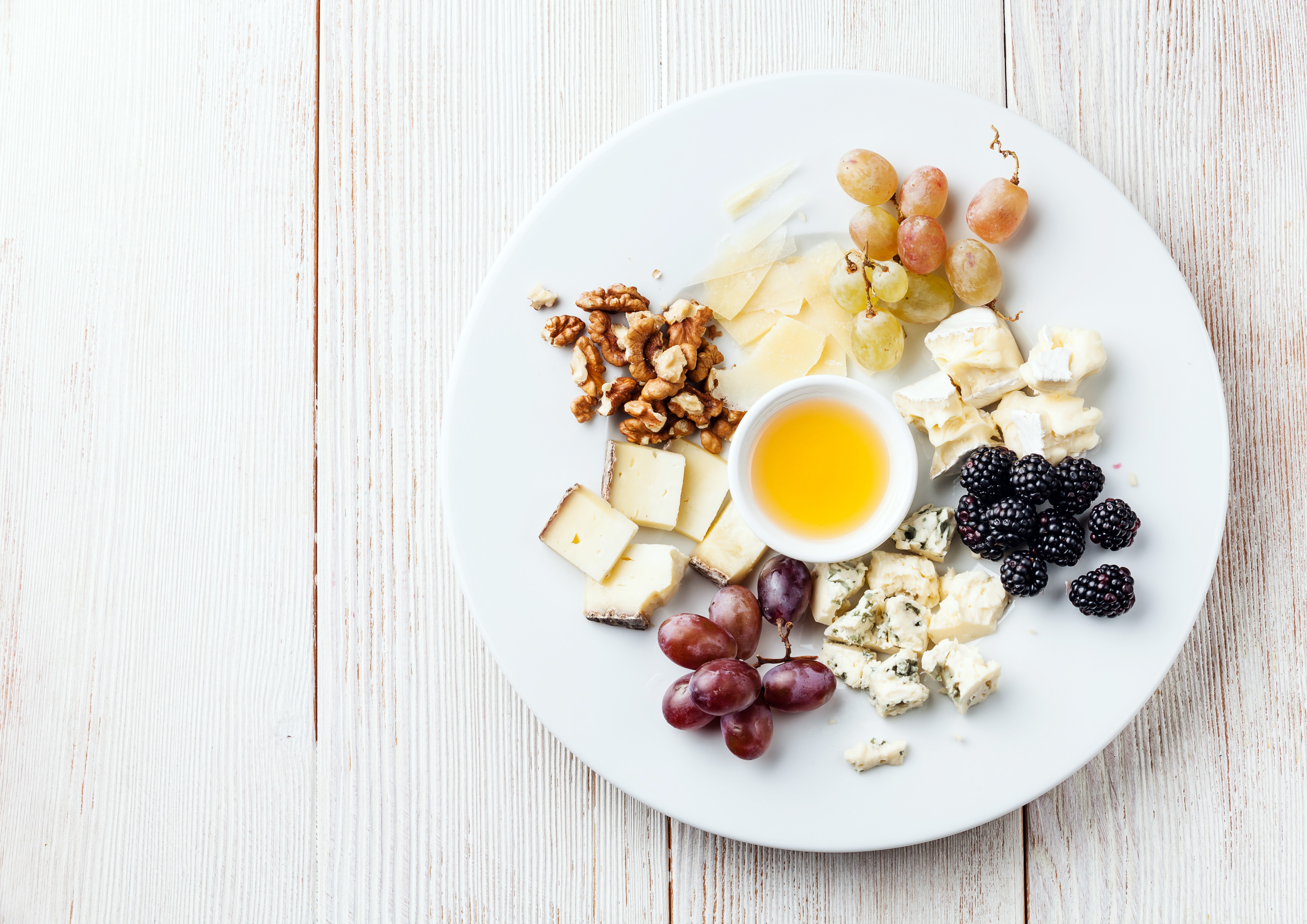 Cheese, Nuts, Grapes, Blackberry, and Honey on a Plate HD Wallpaper