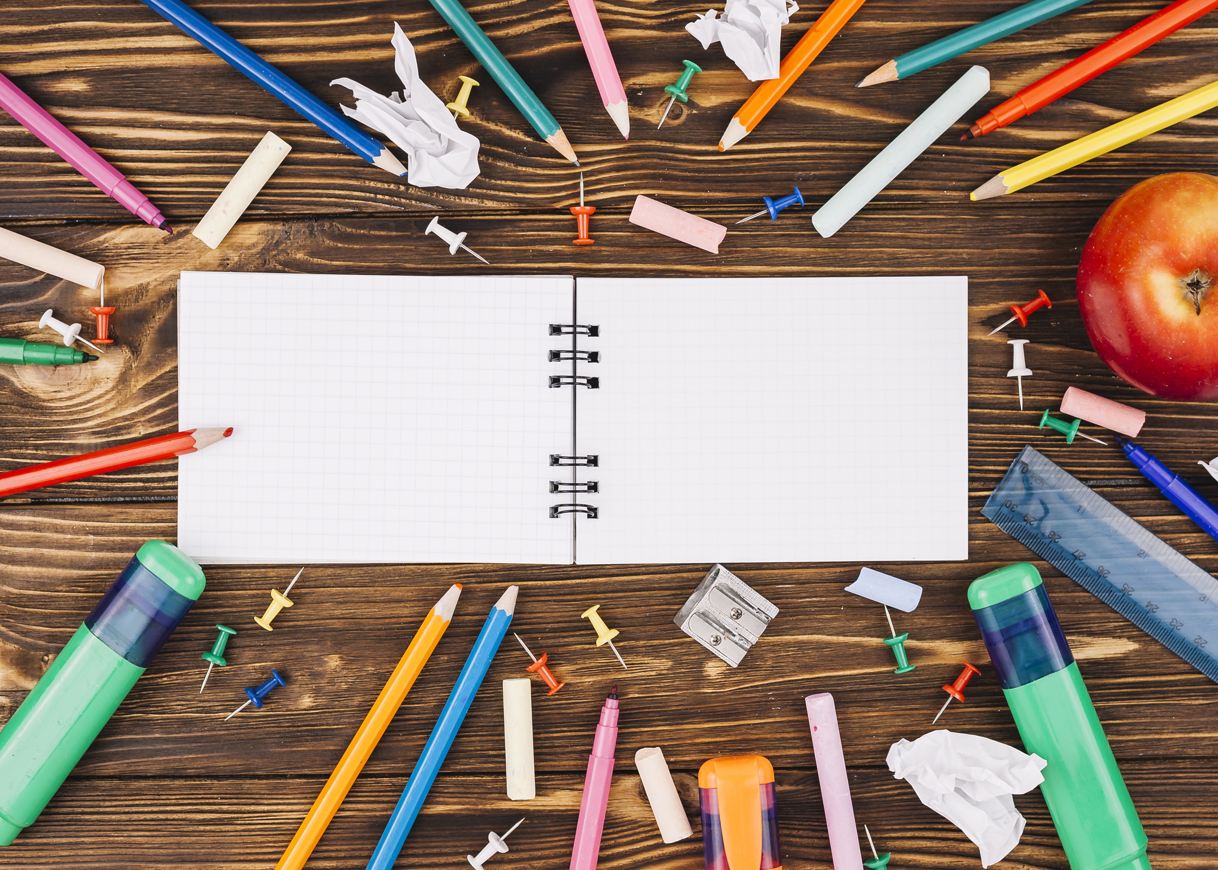 School Stationery and Notebook on Wood HD Wallpaper
