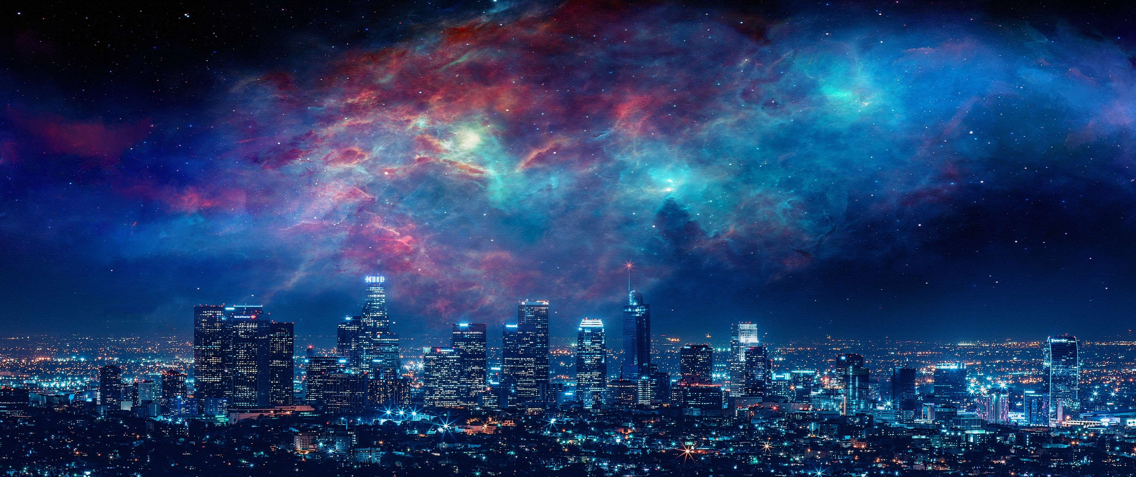 Los Angeles skyline under a colorful nebula and starry night sky HD Wallpaper