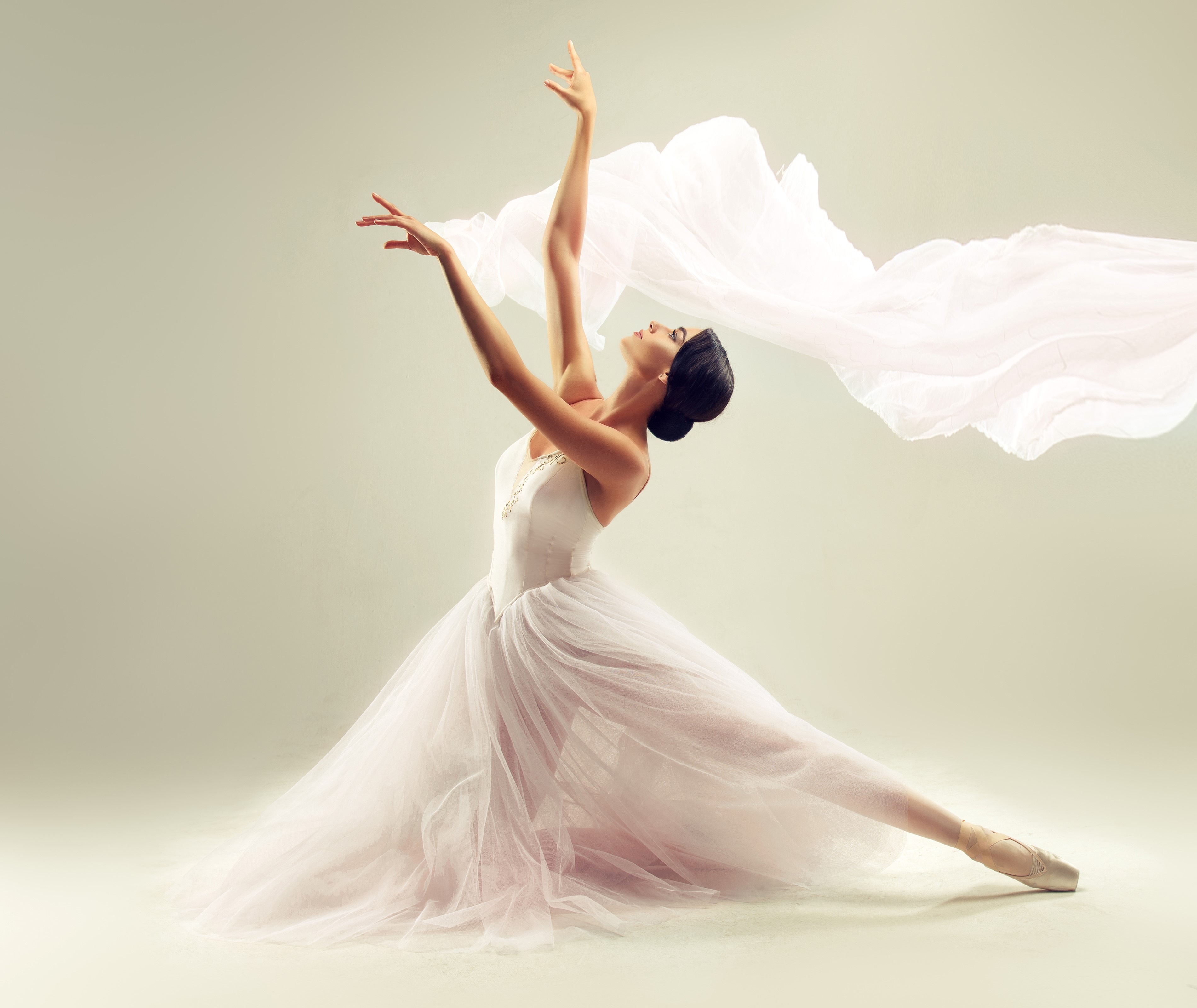 Ballerina in white tutu with flowing fabric HD Wallpaper