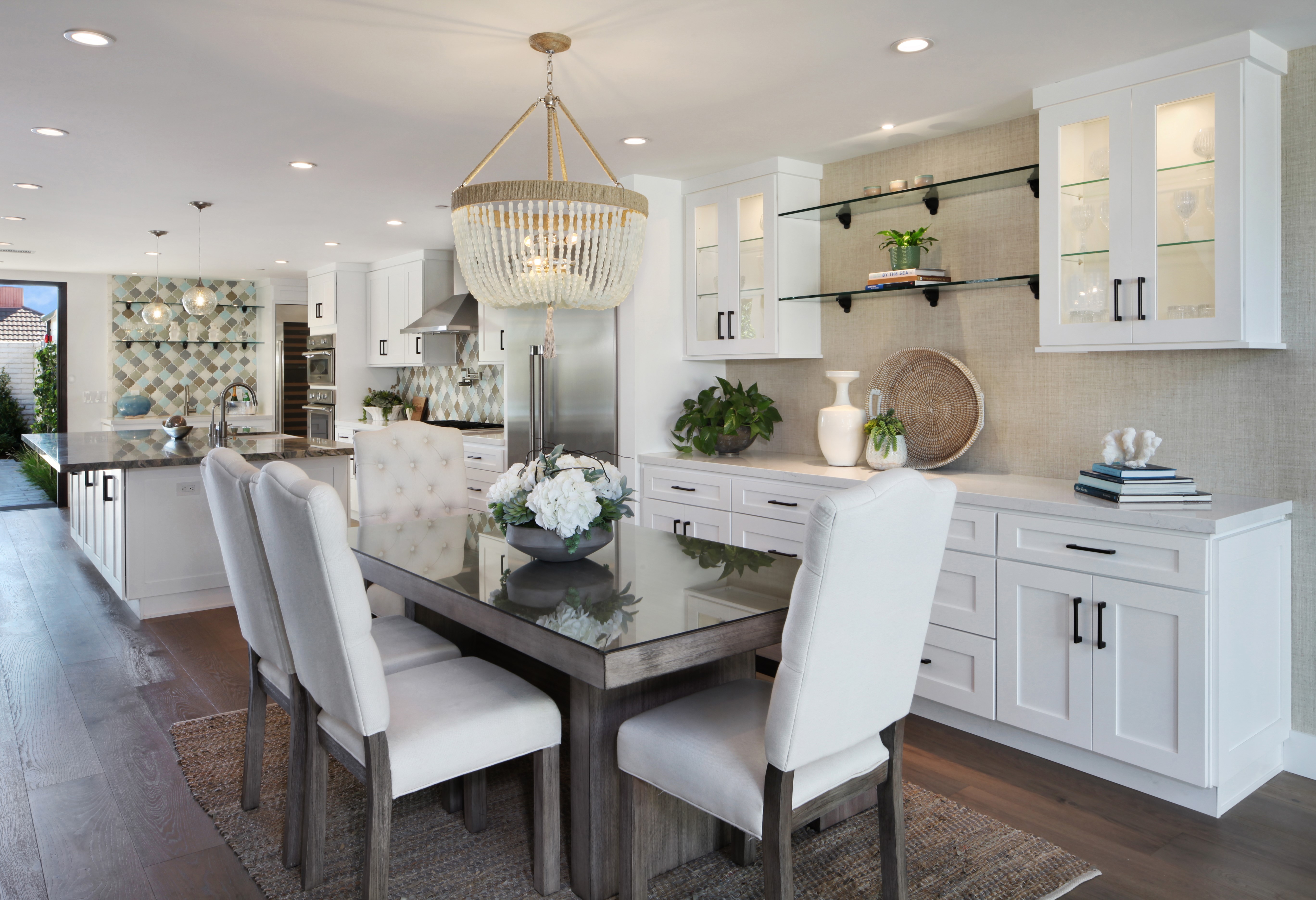 Dining Room with Kitchen View and Chandelier HD Wallpaper
