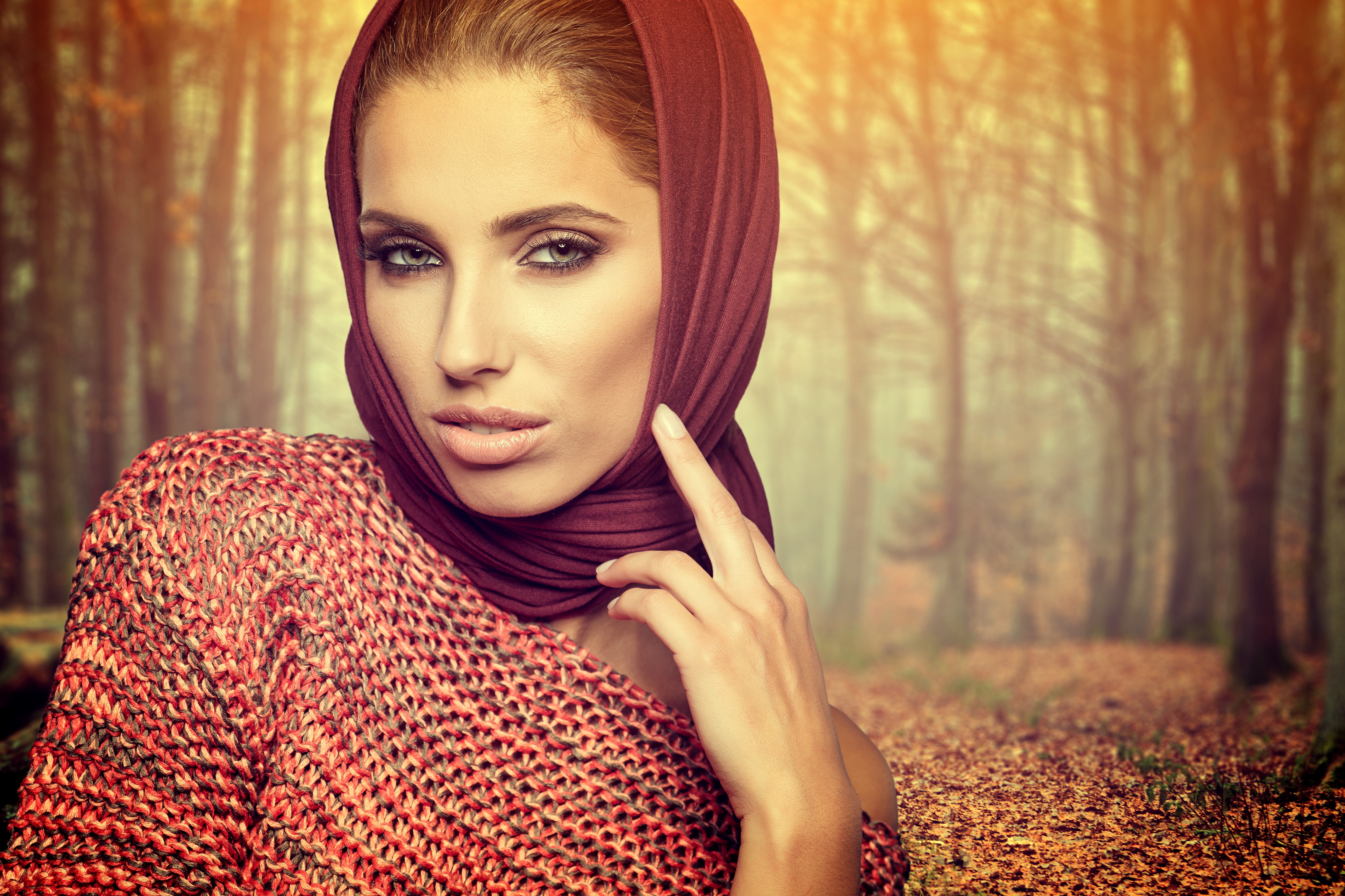 Woman with brown hair wearing a scarf and sweater HD Wallpaper