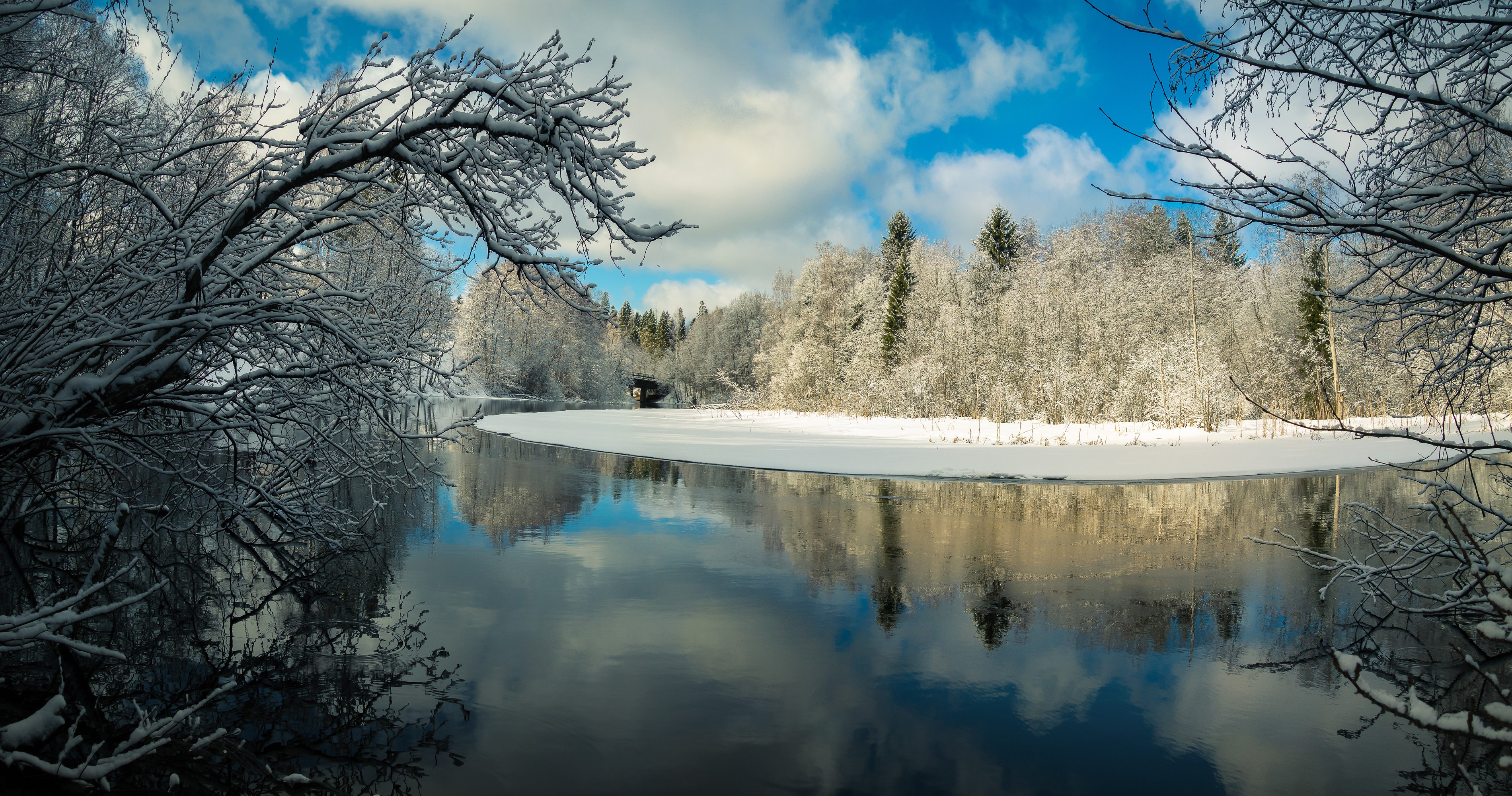 Winter river and snow-covered forest in Karkkila, Finland HD Wallpaper
