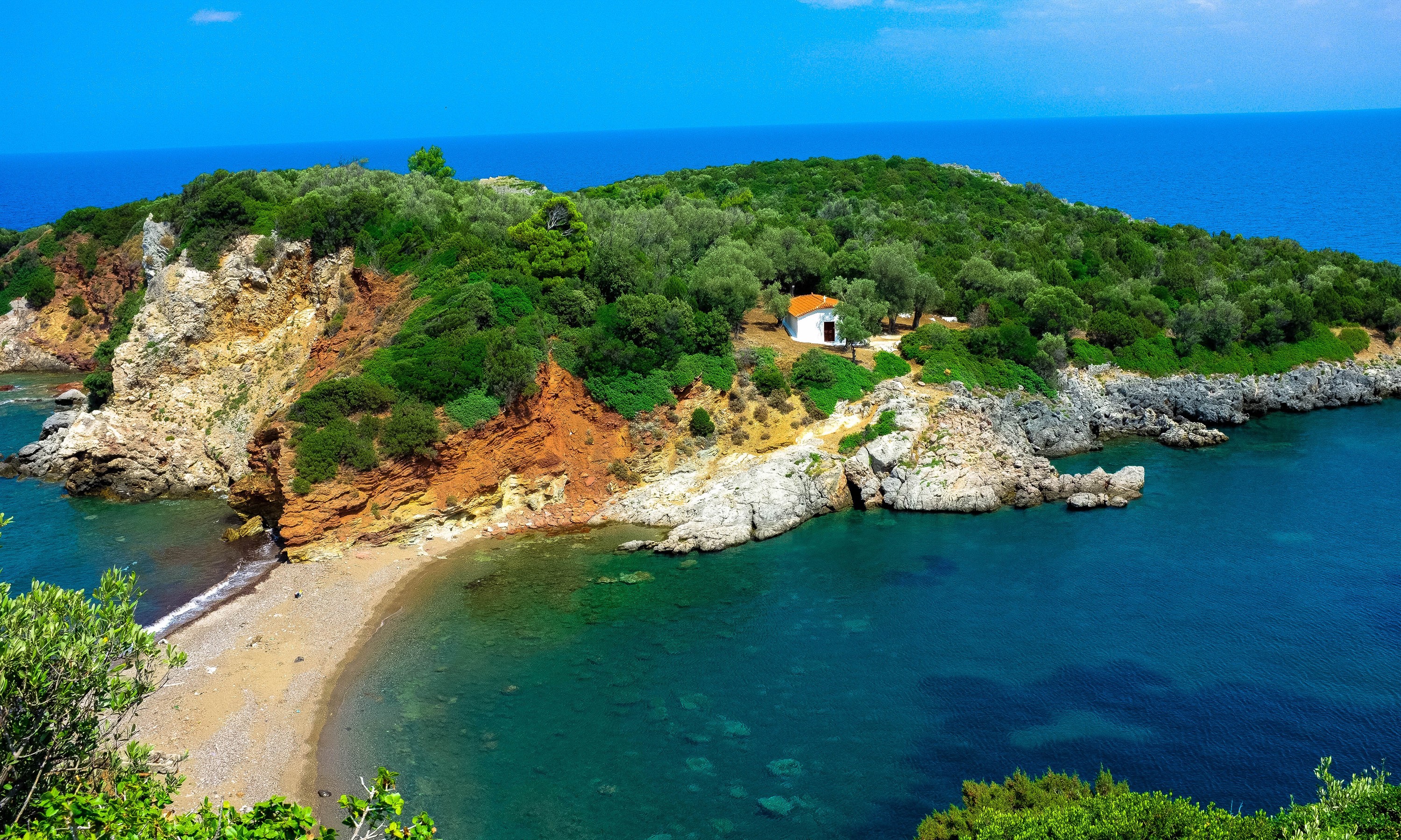 Agios Vasileios Evia, Greece Coastline with Bay and Small White Building HD Wallpaper