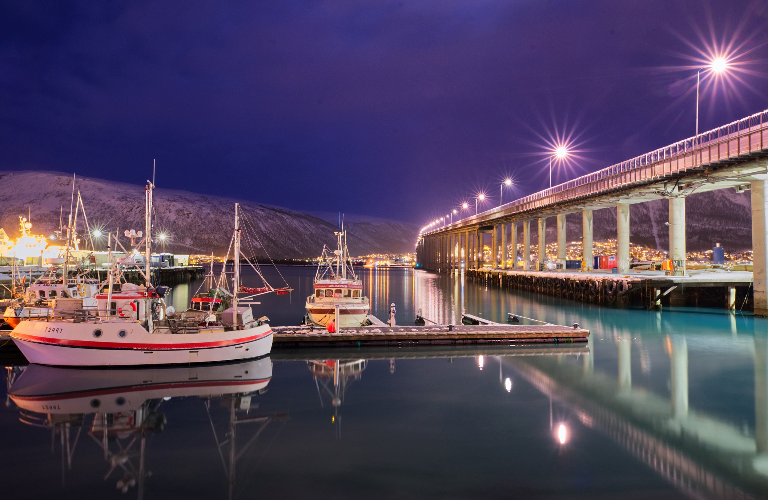 Tromso Bridge and Marina at Night, Norway HD Wallpaper