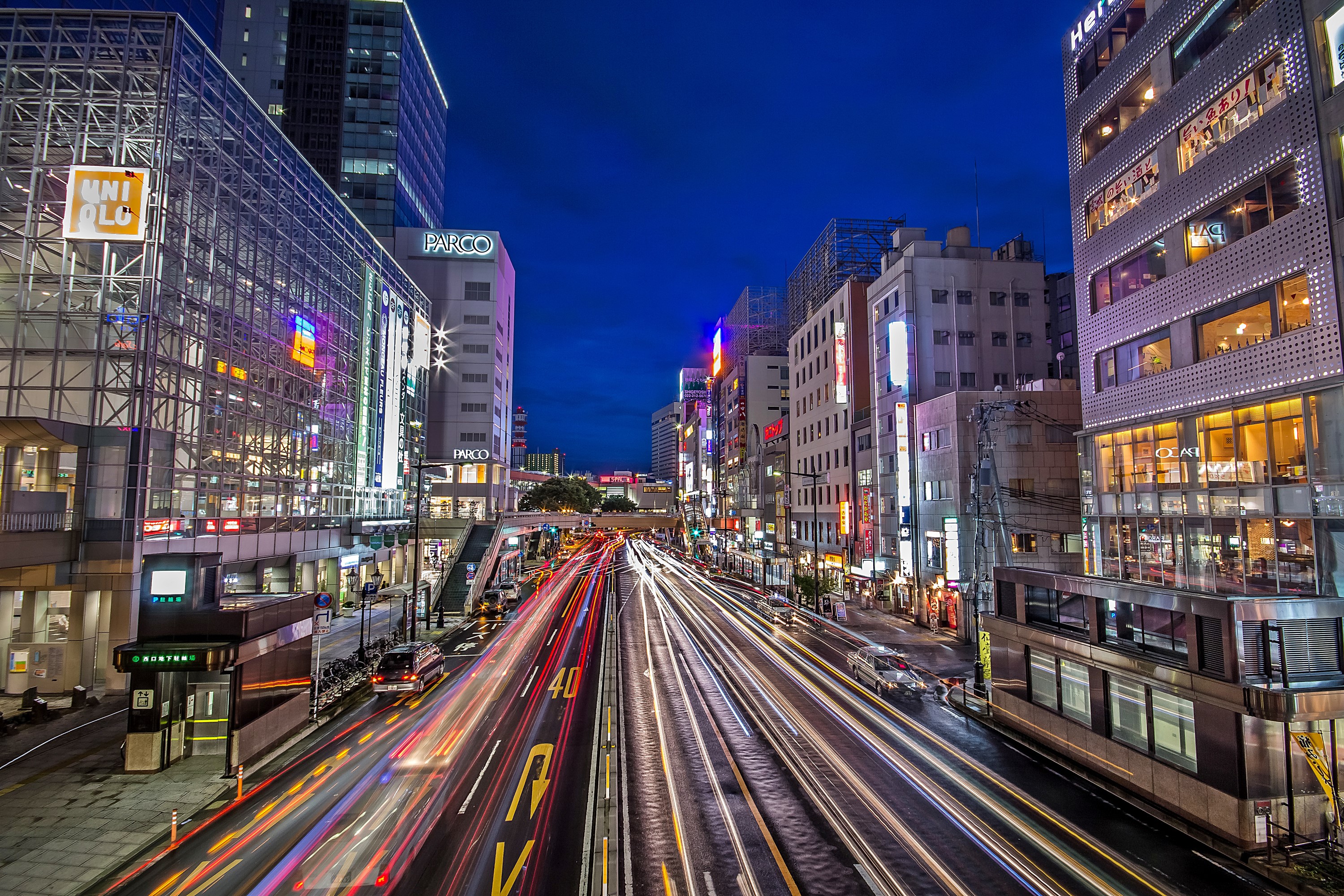 Sendai, Japan Street at Night with Light Trails HD Wallpaper