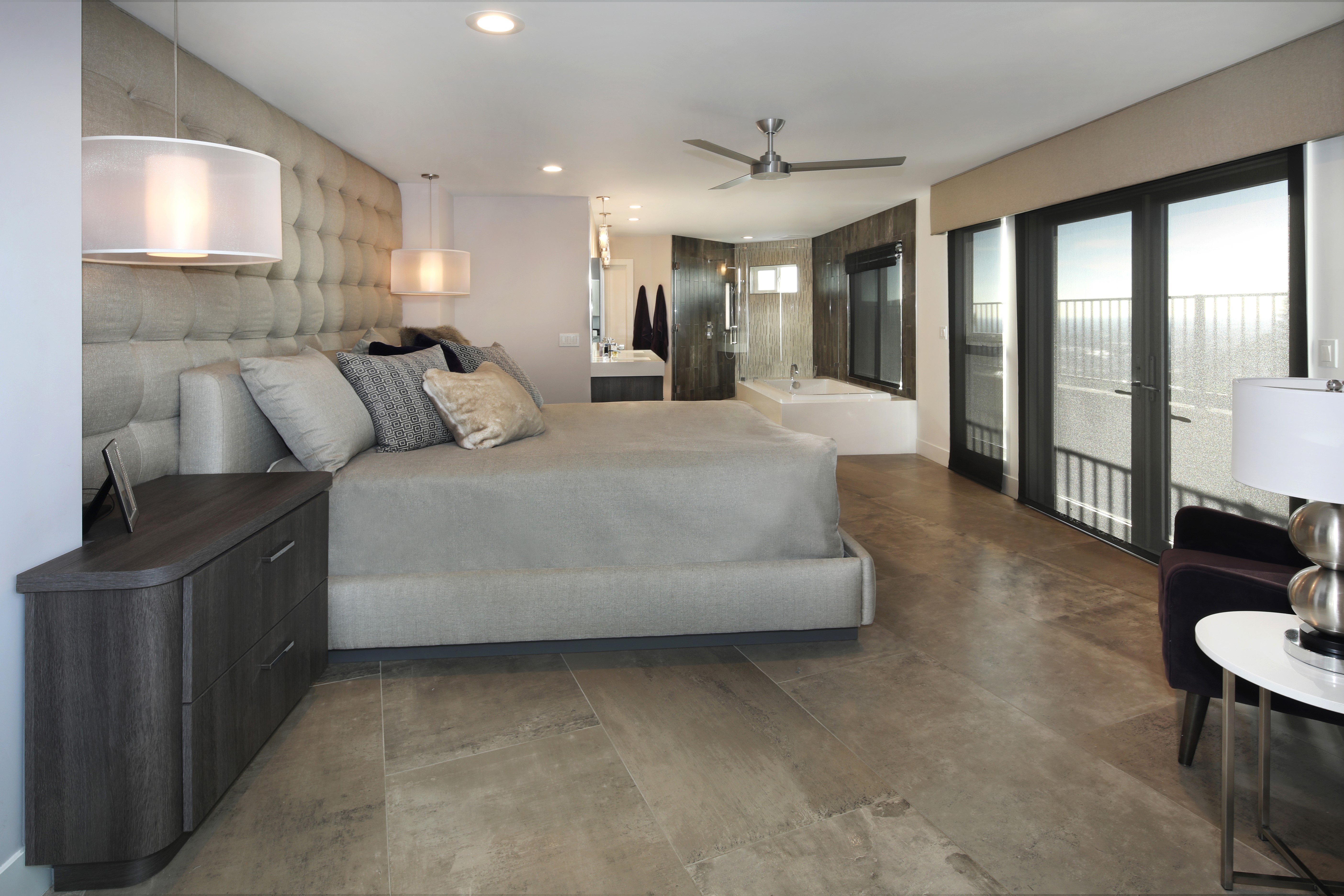 Modern Bedroom with Ensuite Bathroom and Balcony HD Wallpaper