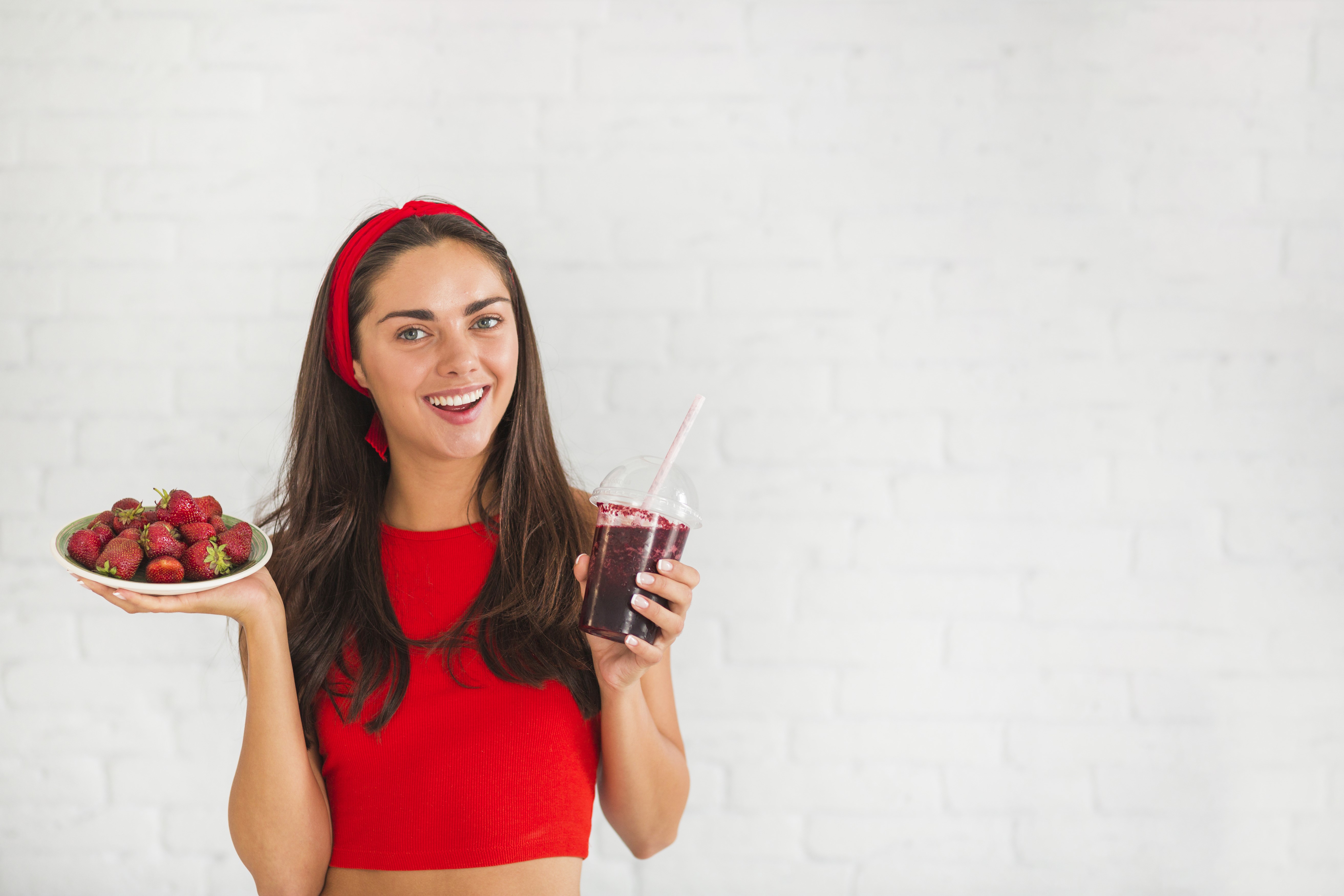 Woman with Strawberries and Smoothie HD Wallpaper