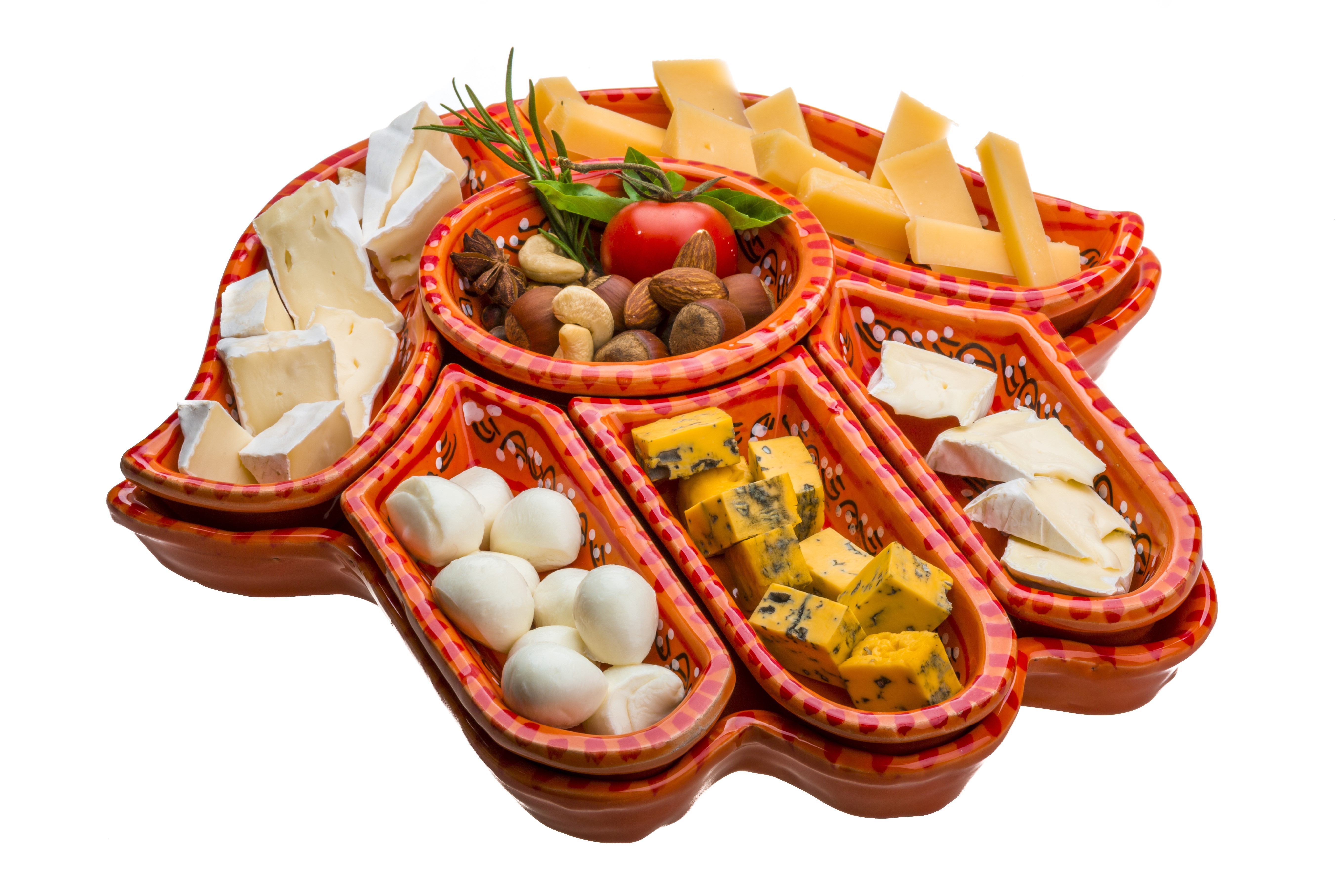 Cheese platter with nuts and tomato HD Wallpaper