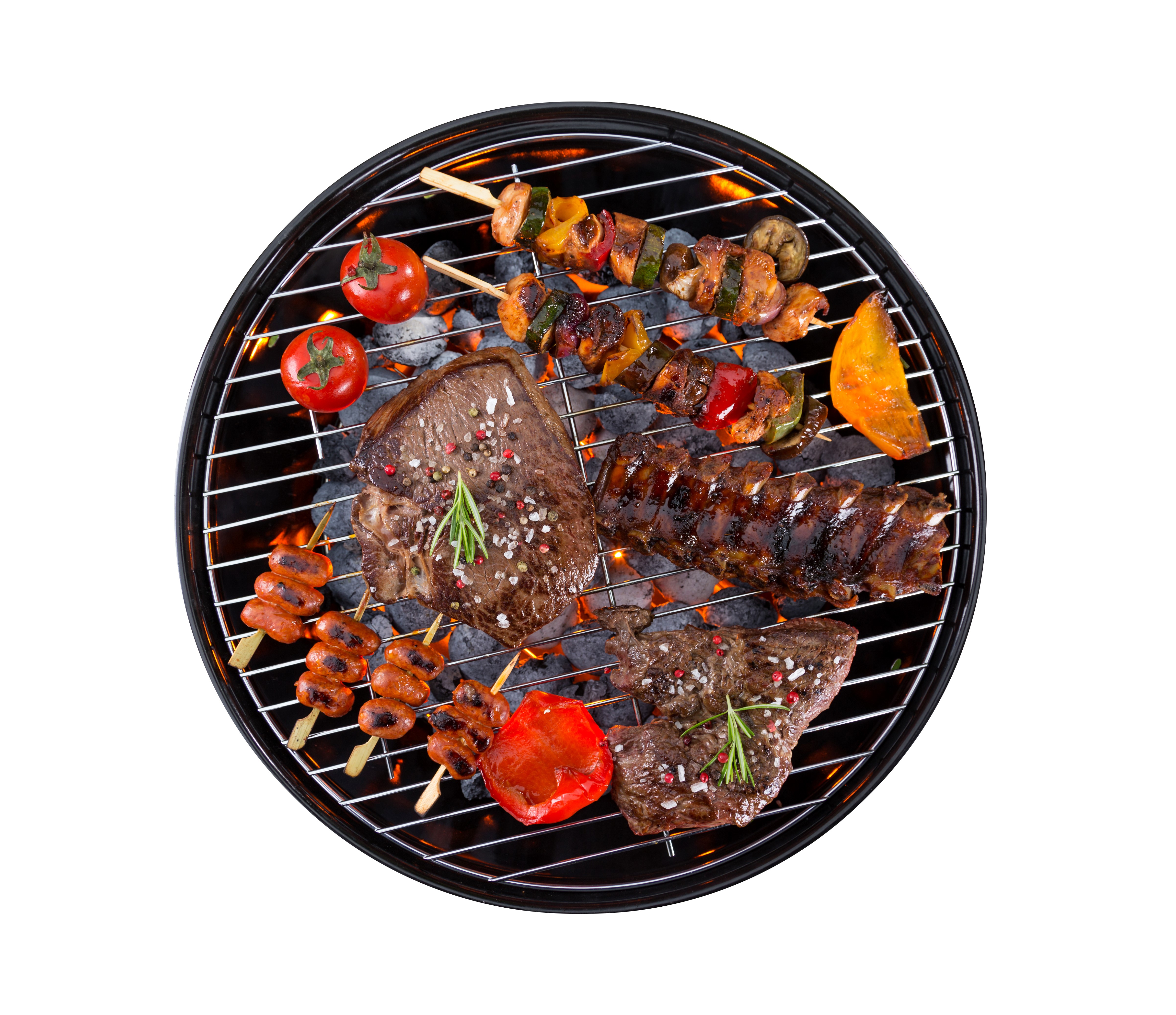 Barbecue grill with various meats and vegetables HD Wallpaper