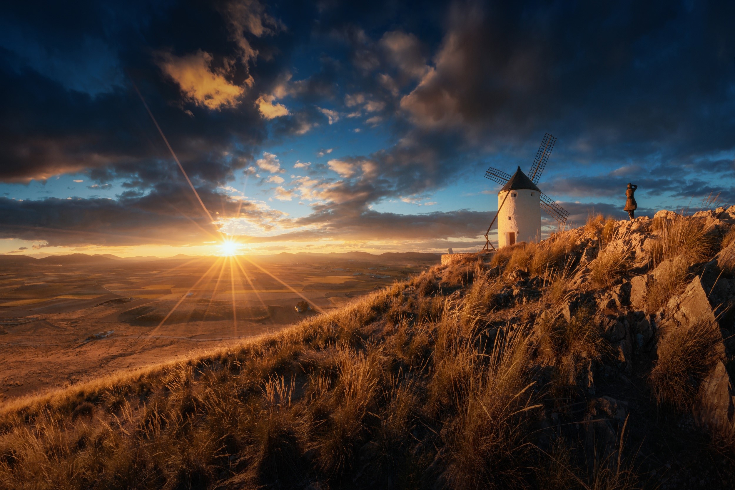 Windmill on a hill at sunset in Spain HD Wallpaper