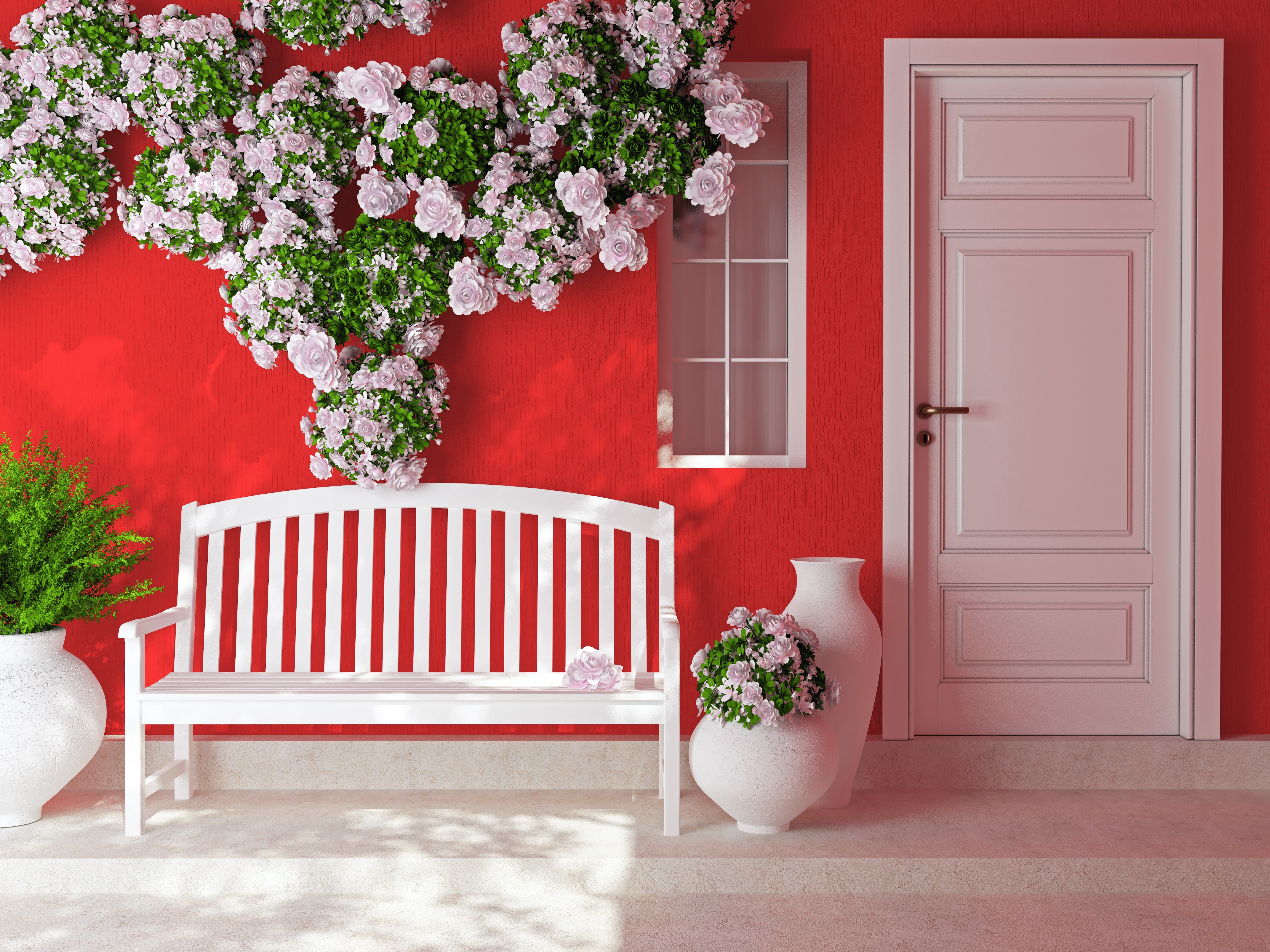 Roses on a red wall with a white bench and door HD Wallpaper