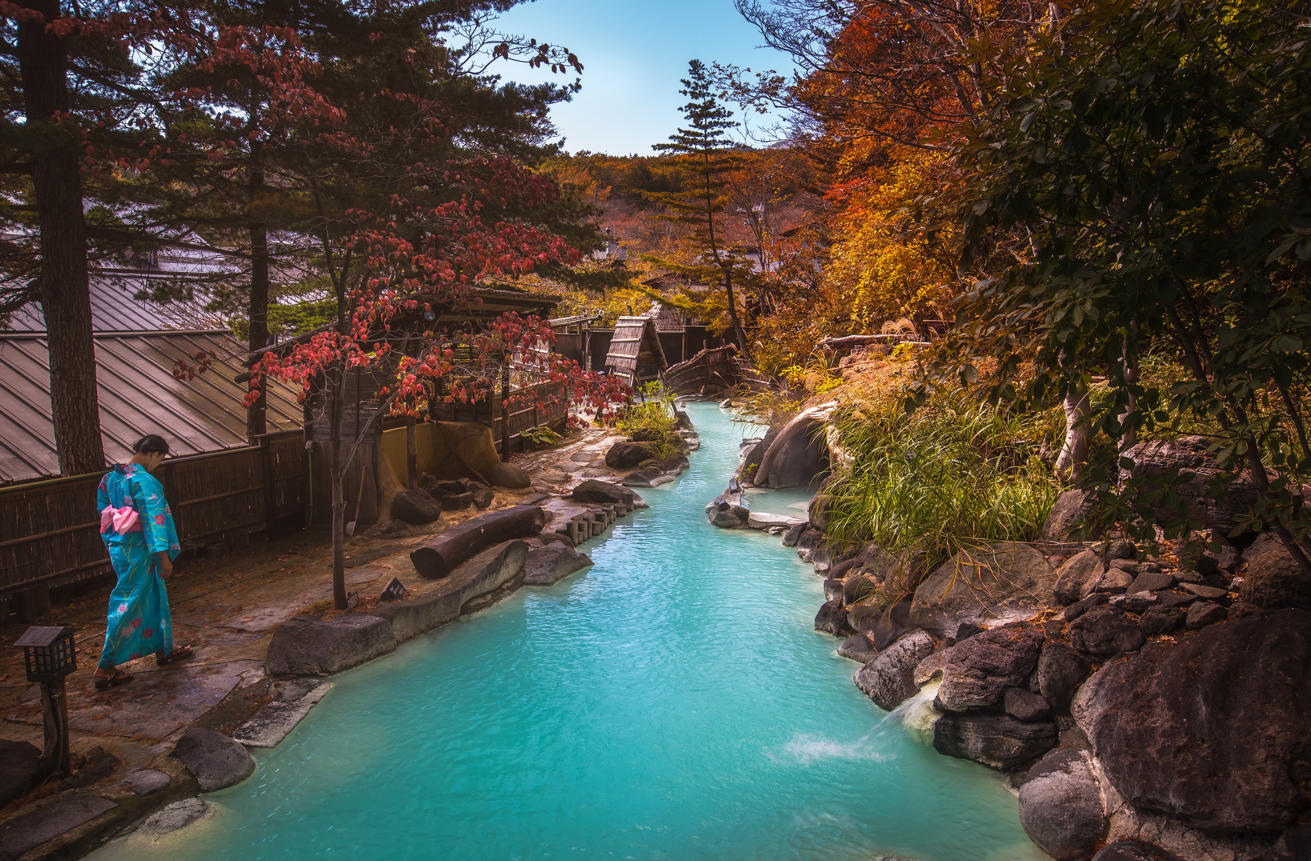 Woman in Kimono by Turquoise River in Autumn HD Wallpaper