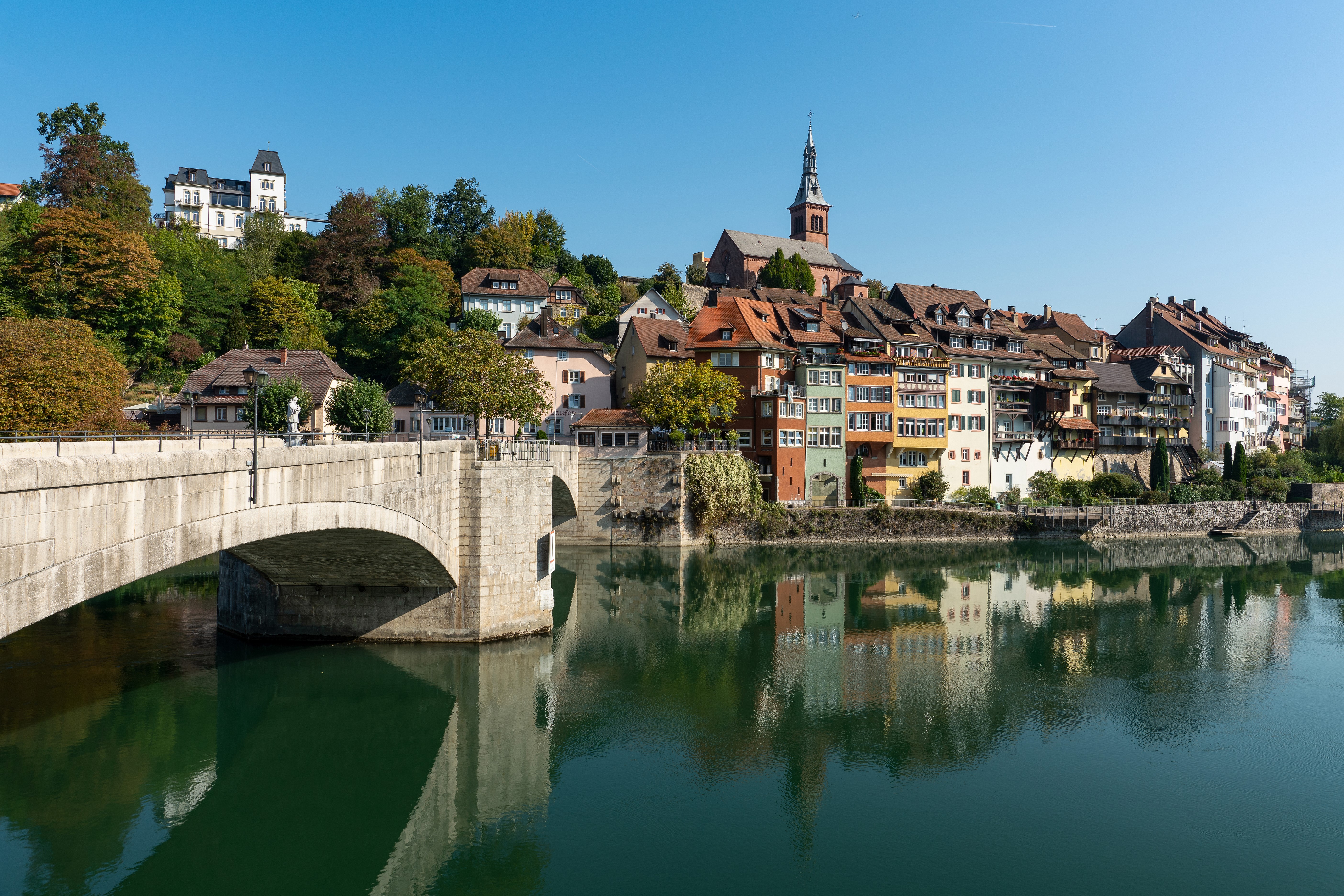 Laufenburg Switzerland Houses and Bridge over Lake HD Wallpaper
