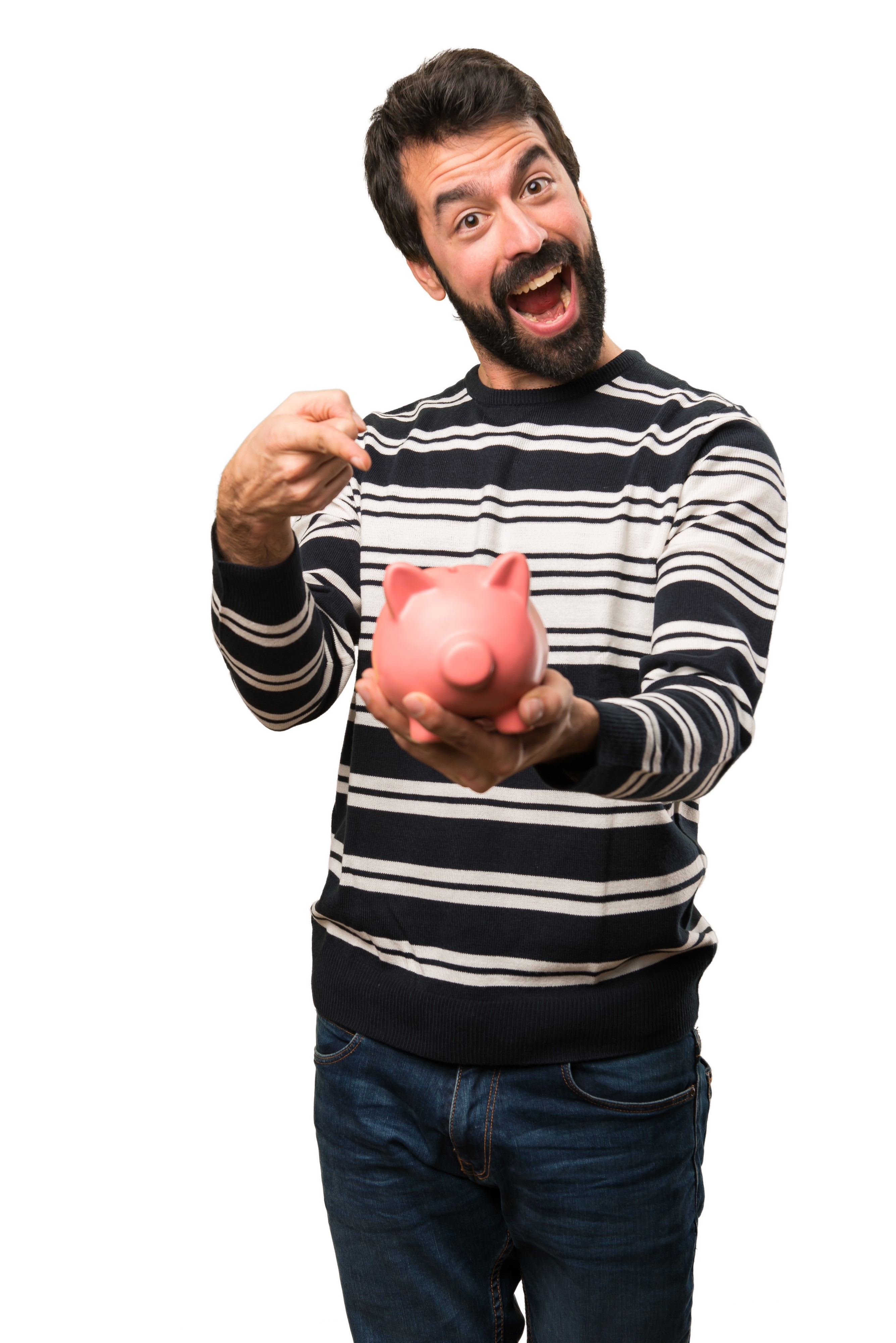 Man pointing at a piggy bank HD Phone Wallpaper