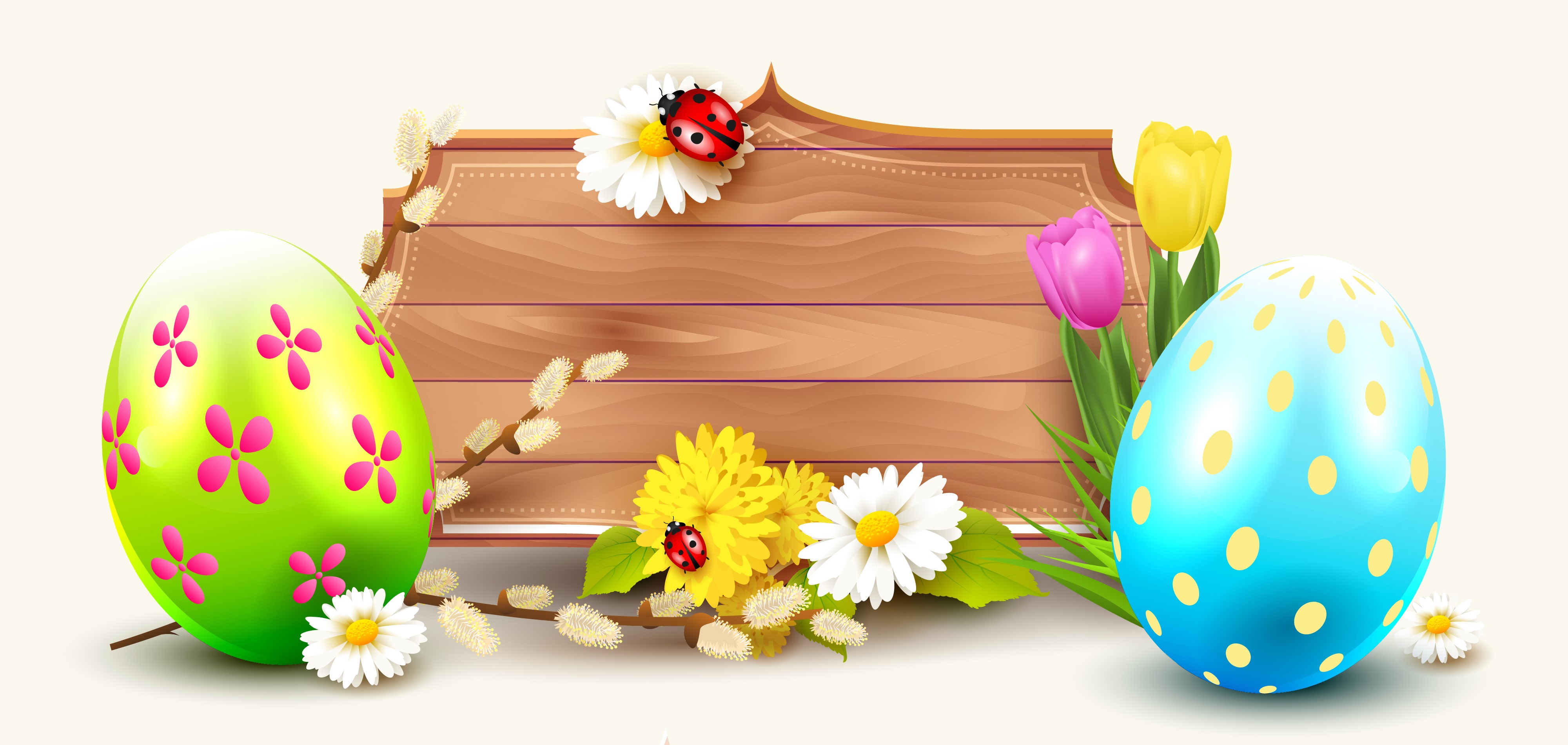 Easter eggs with flowers and ladybugs on a wooden board HD Wallpaper