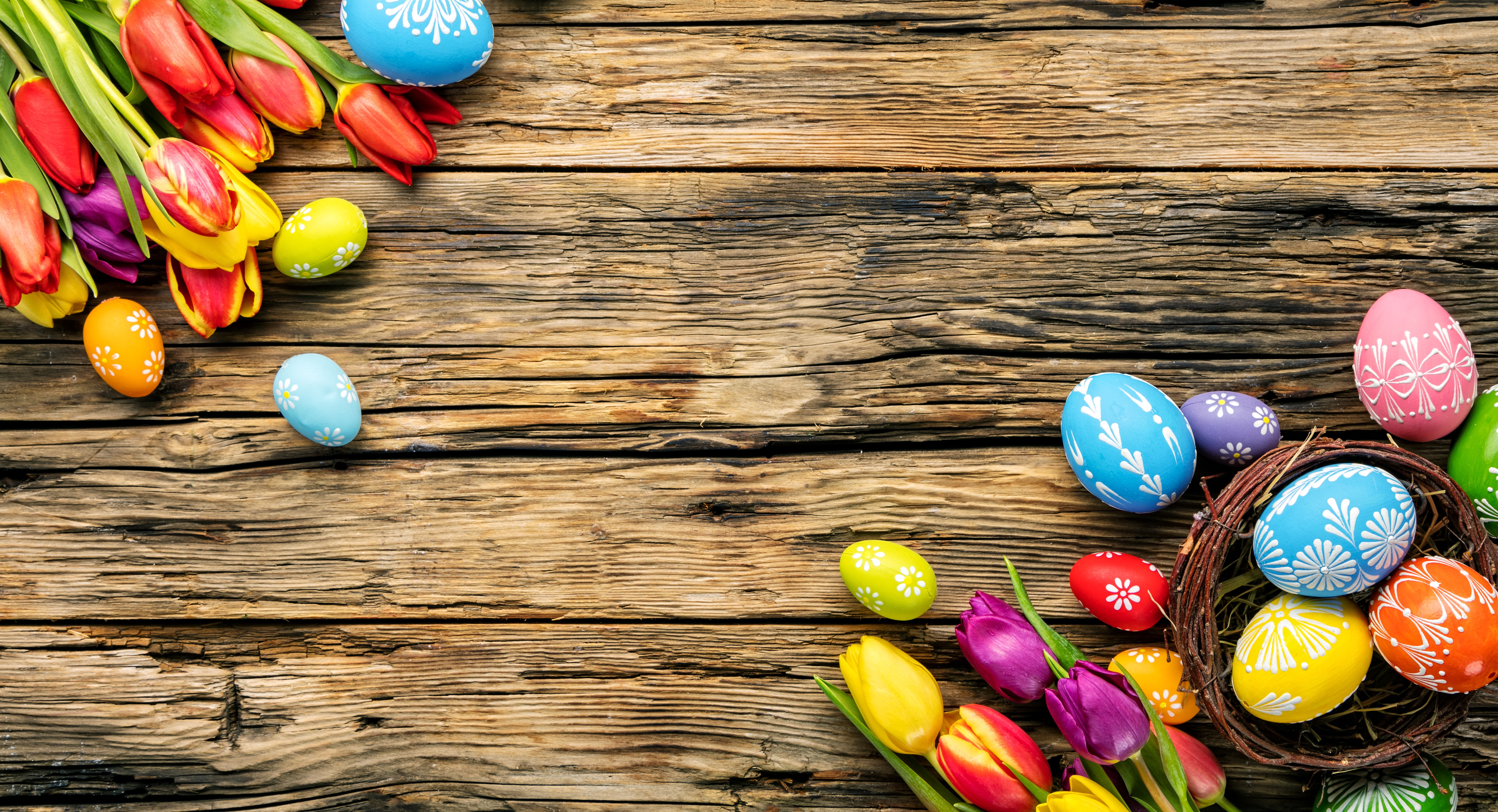 Easter Eggs and Tulips on Wood Planks HD Wallpaper