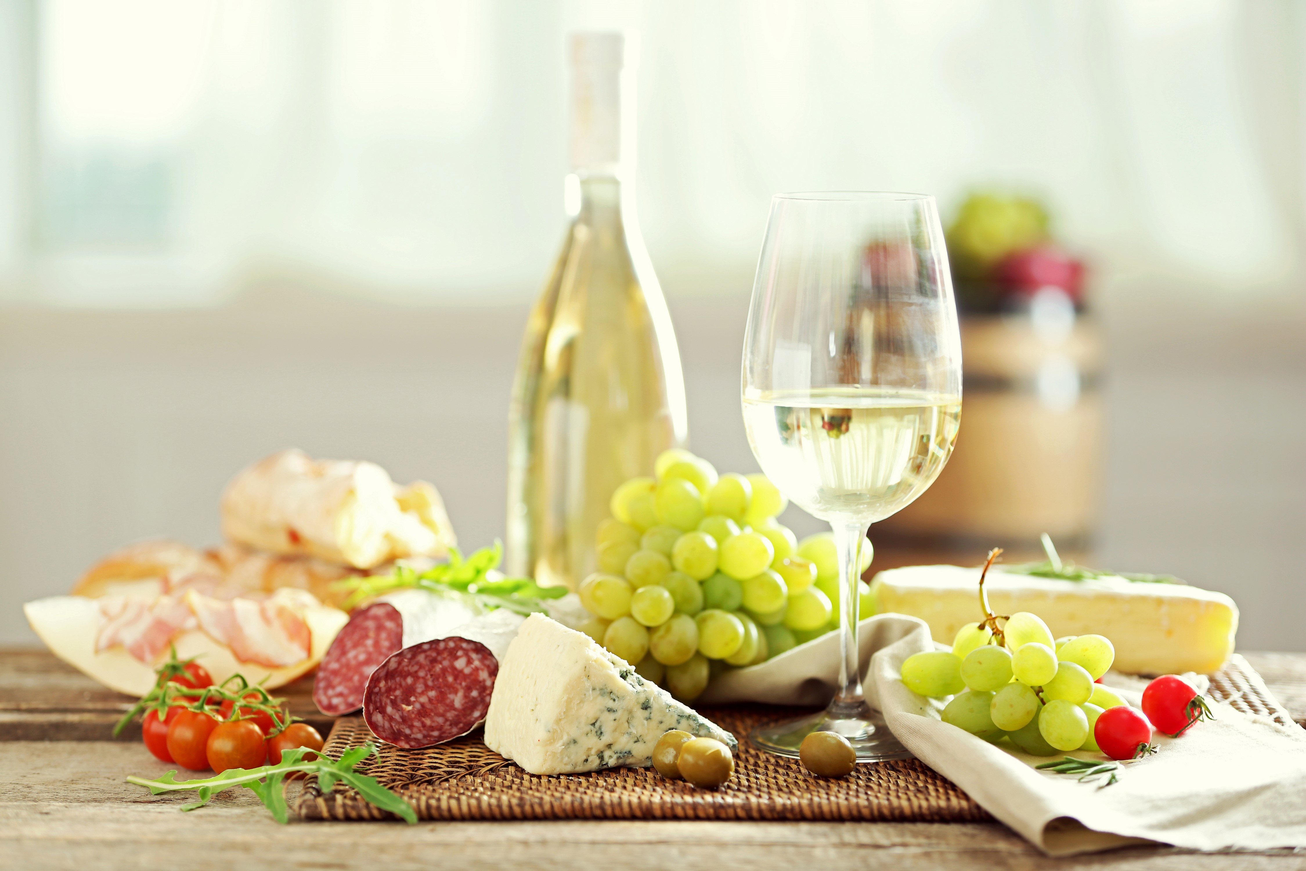 Wine, Grapes, Cheese, Sausage, and Bread Platter HD Wallpaper