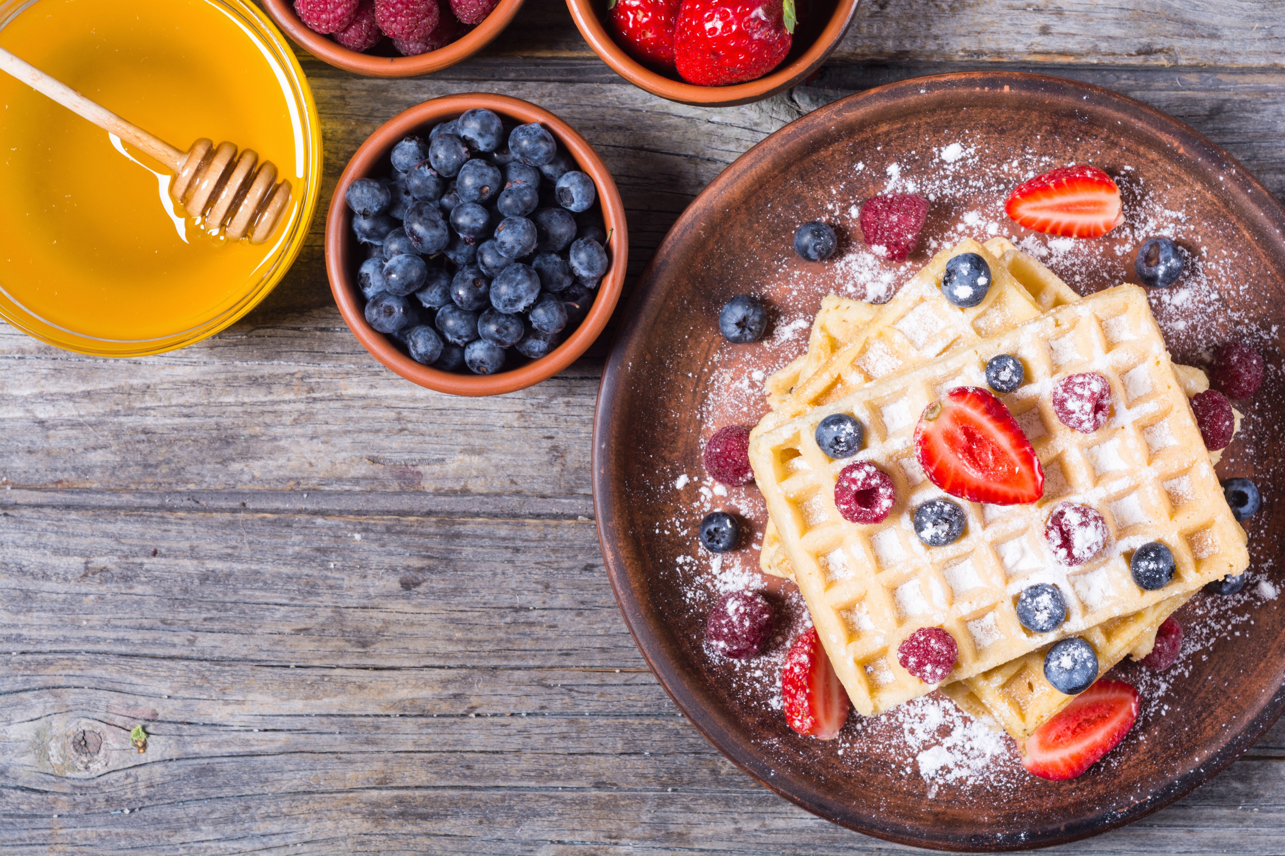 Waffles with Berries and Honey on Wooden Table HD Wallpaper