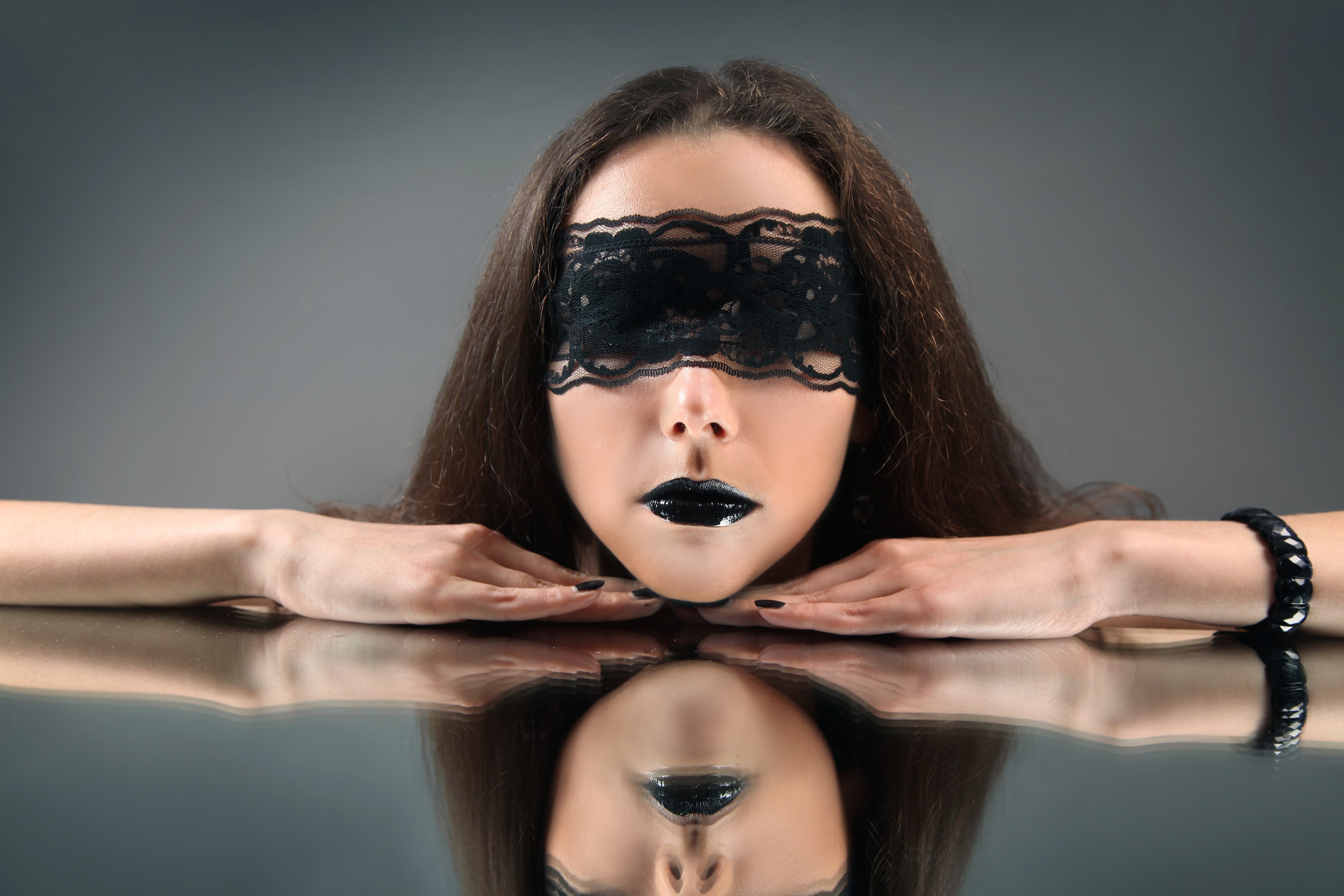 Woman with black lace mask and lipstick HD Wallpaper